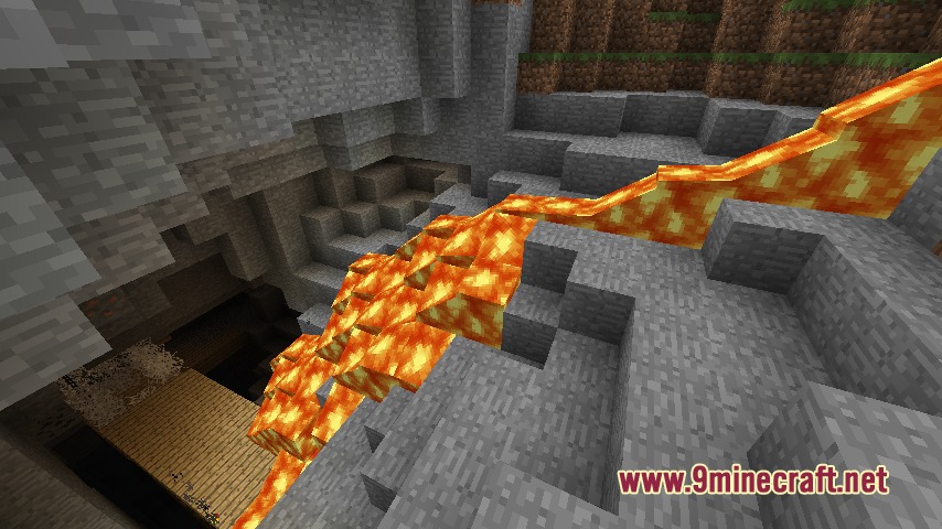 Default Beta Resource Pack Screenshot 4 Lava with classic bright textures flows down stone steps in a cave