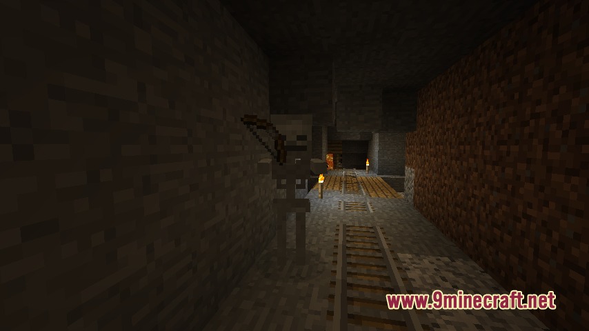 Default Beta Resource Pack Screenshot 5 A skeleton holding a bow like a regular item in a dark mineshaft