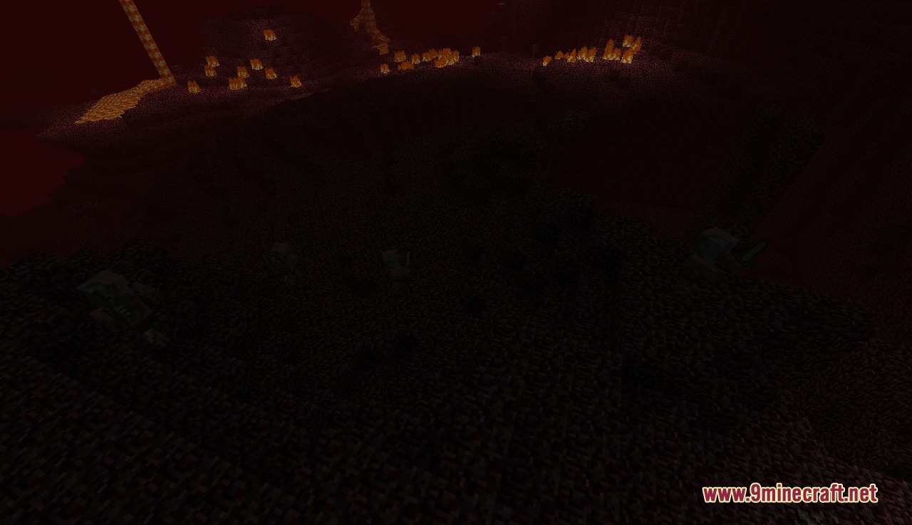 Default Beta Resource Pack Screenshot 8 The Nether dimension with classic dark lighting and scattered fire and lava