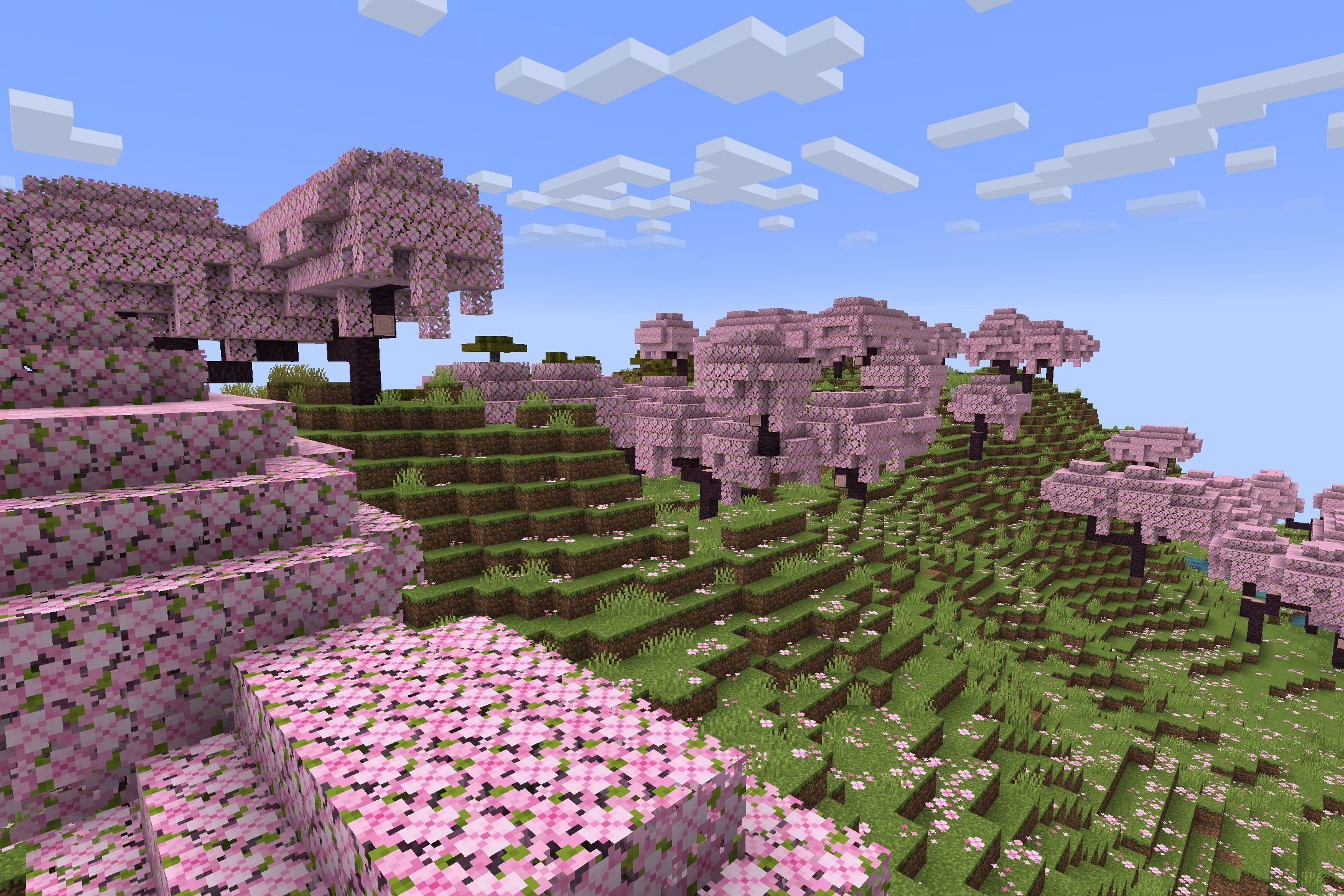 Default HD 512x Resource Pack Screenshot 1 Lush cherry blossom grove with pink trees and petals on the grass