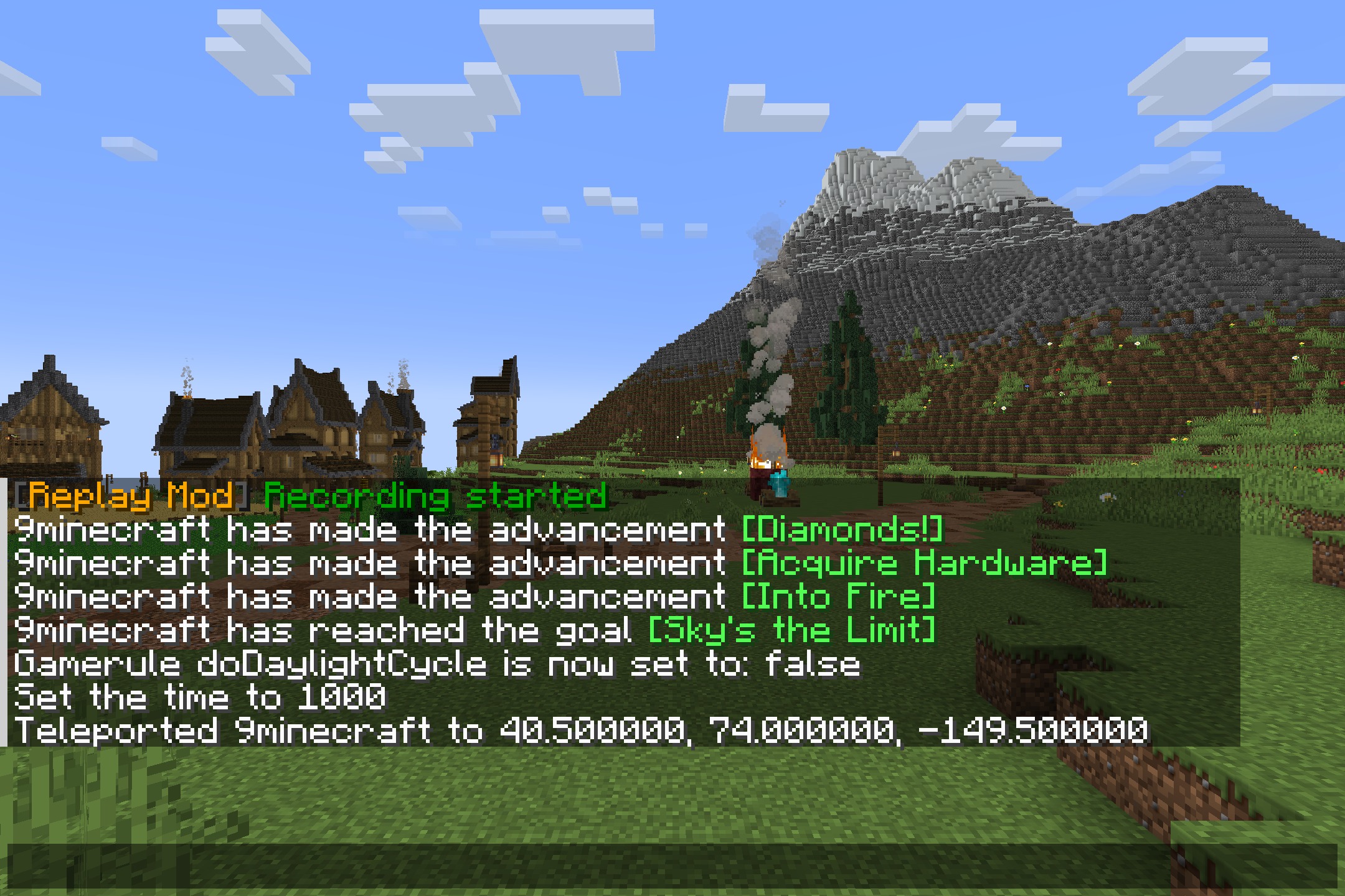 Default HD 512x Resource Pack Screenshot 2 Minecraft landscape featuring a village and mountains with active chat log