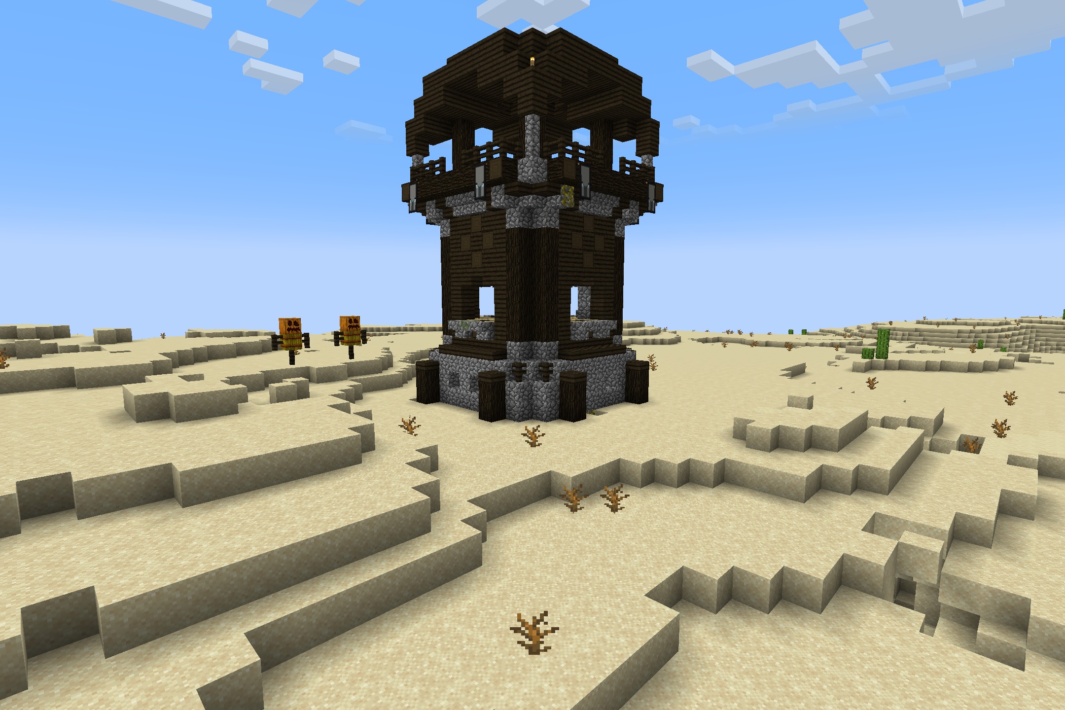 Default HD 512x Resource Pack Screenshot 3 A detailed Pillager Outpost tower stands in a vast sandy desert biome