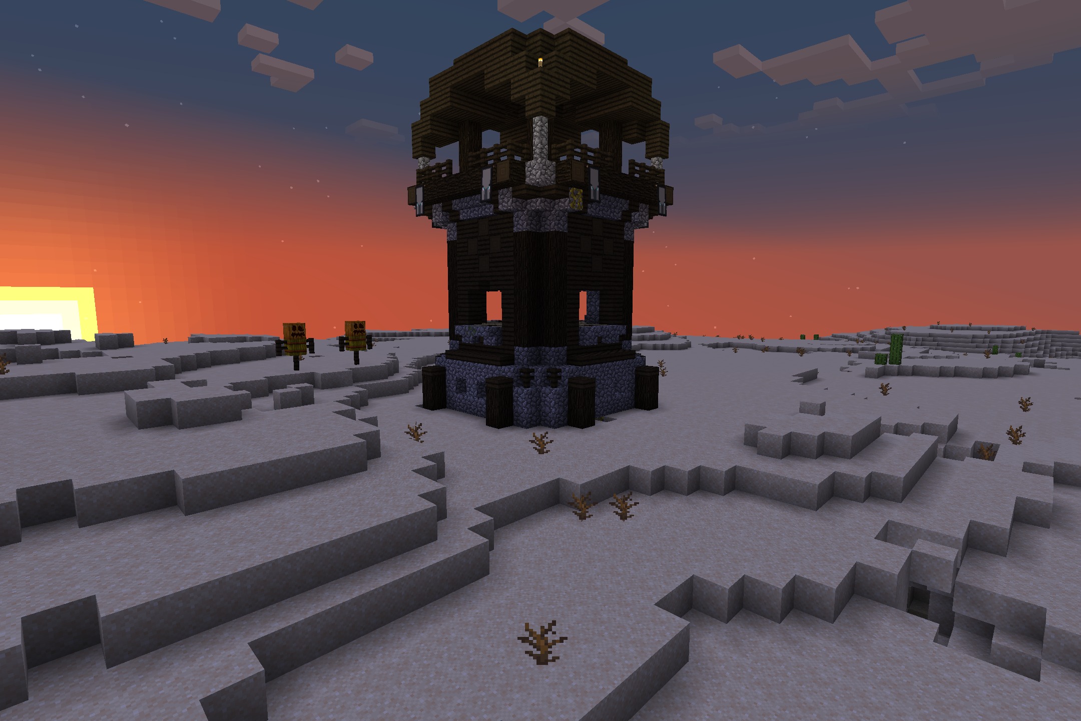 Default HD 512x Resource Pack Screenshot 7 A Pillager Outpost with Default HD 512x Resource Pack at sunset