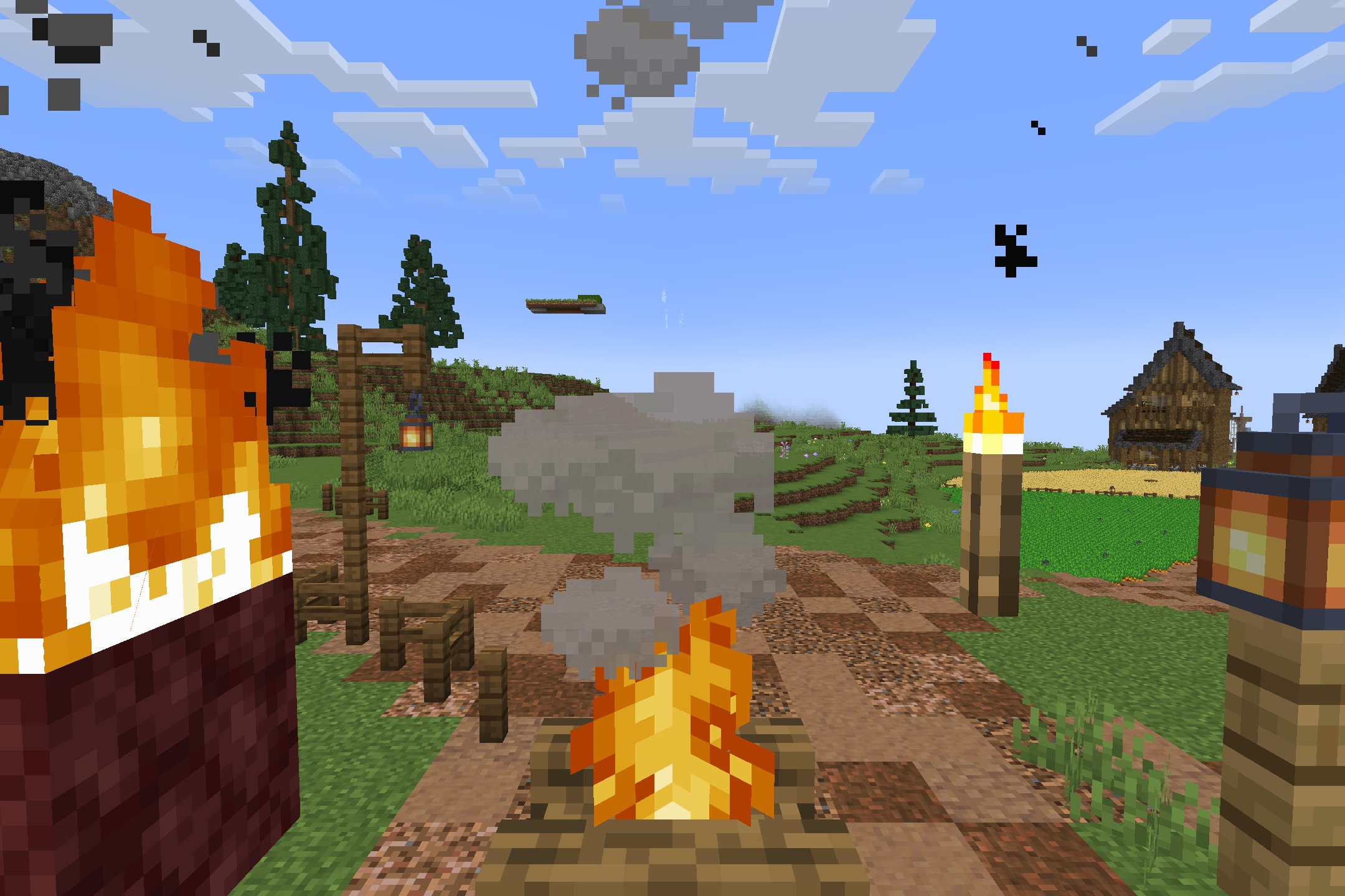 Default HD 512x Resource Pack Screenshot 8 Burning campfires and lanterns in a village with high resolution block textures