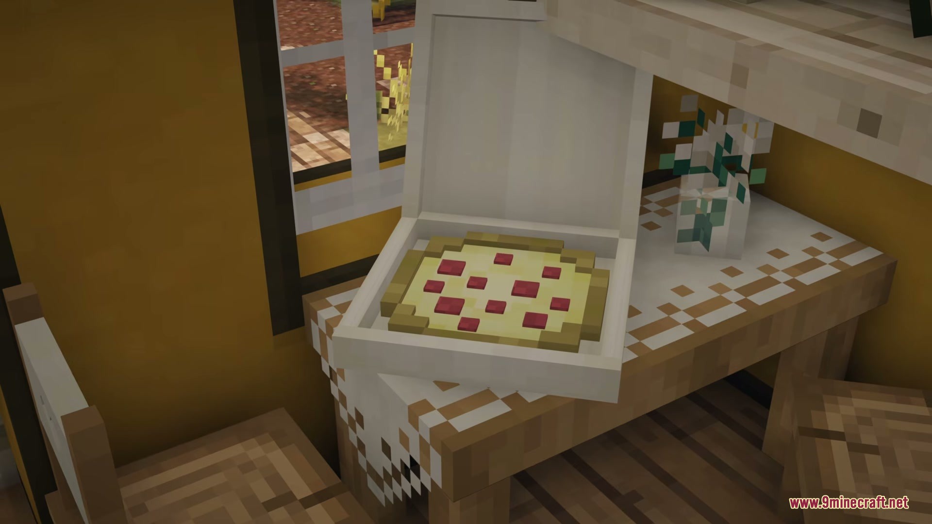 A blocky pepperoni pizza inside an open white box on a wooden table