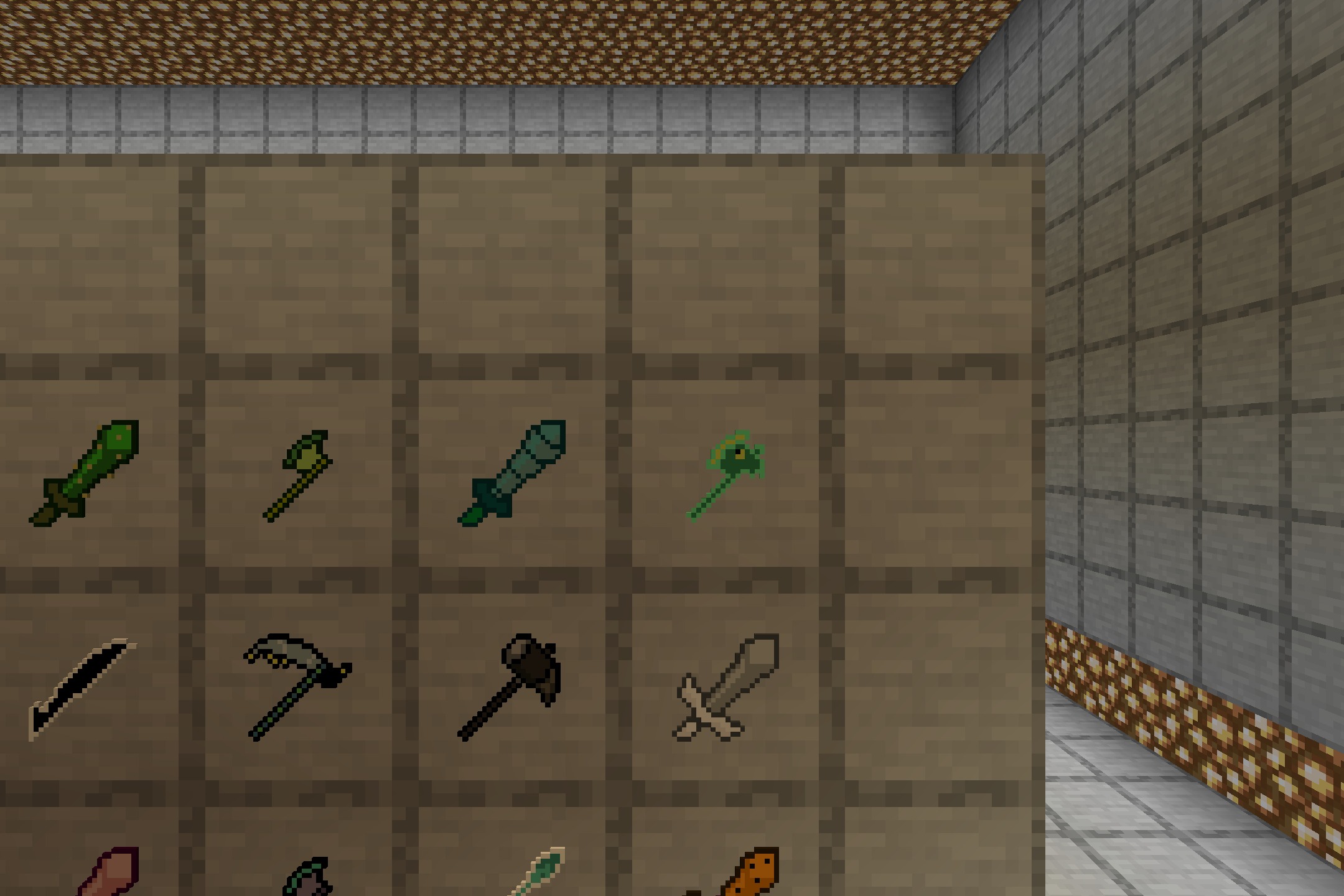 Deltacraft Weapons Resource Pack Screenshot 2 Close up view of custom swords and axes with unique pixel art textures