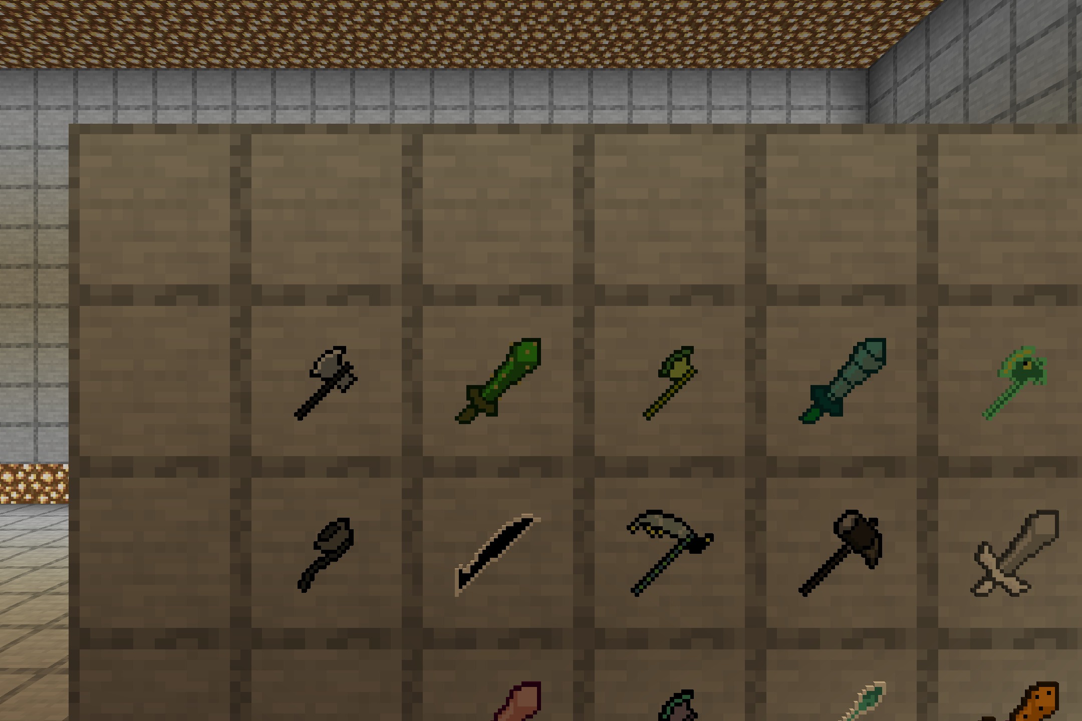 Deltacraft Weapons Resource Pack Screenshot 3 A grid of item frames showcasing various weapons from the Deltacraft Weapons pack