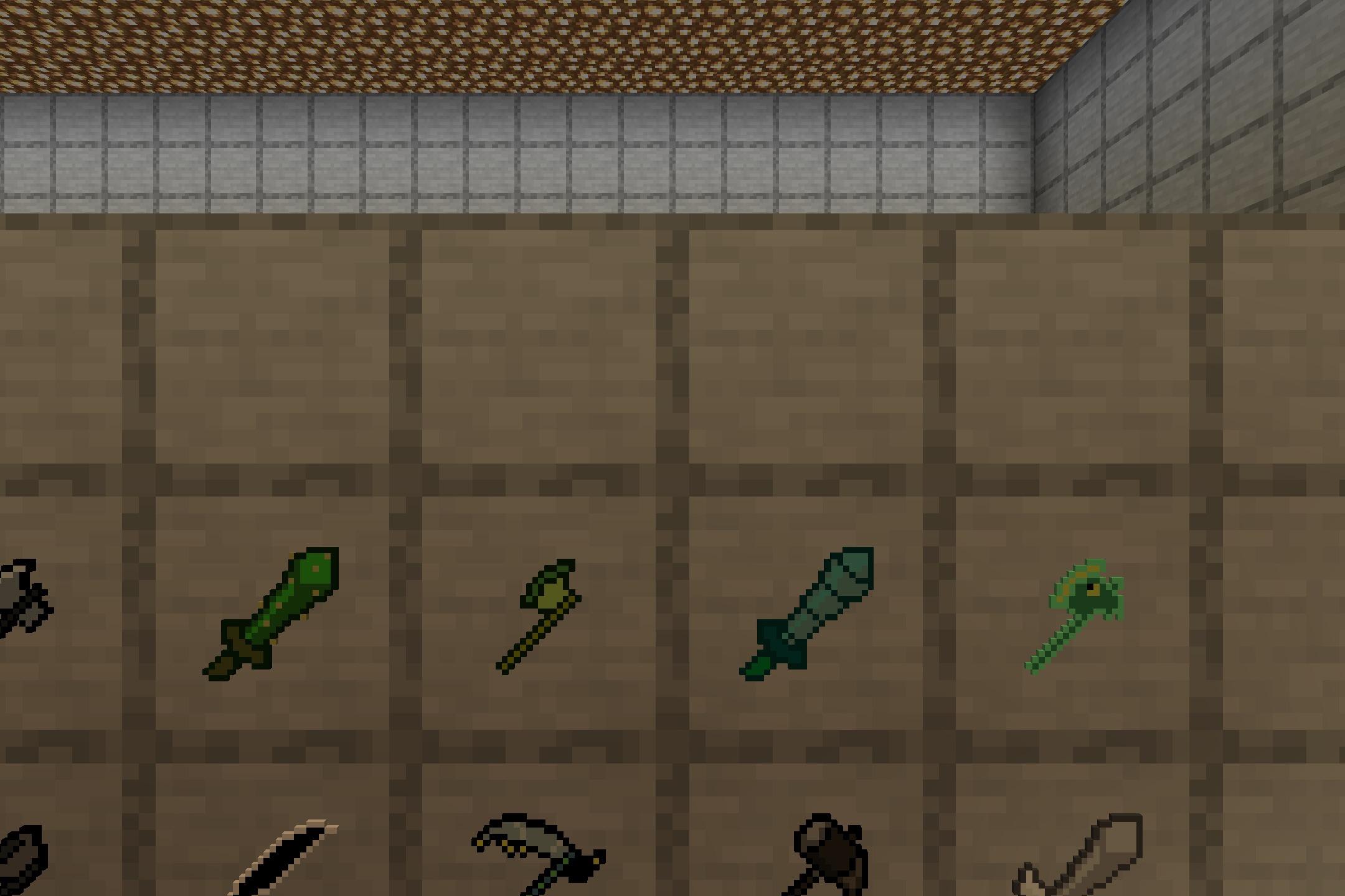 Deltacraft Weapons Resource Pack Screenshot 4 Close up of colorful pixelated swords and axes with a unique RPG style