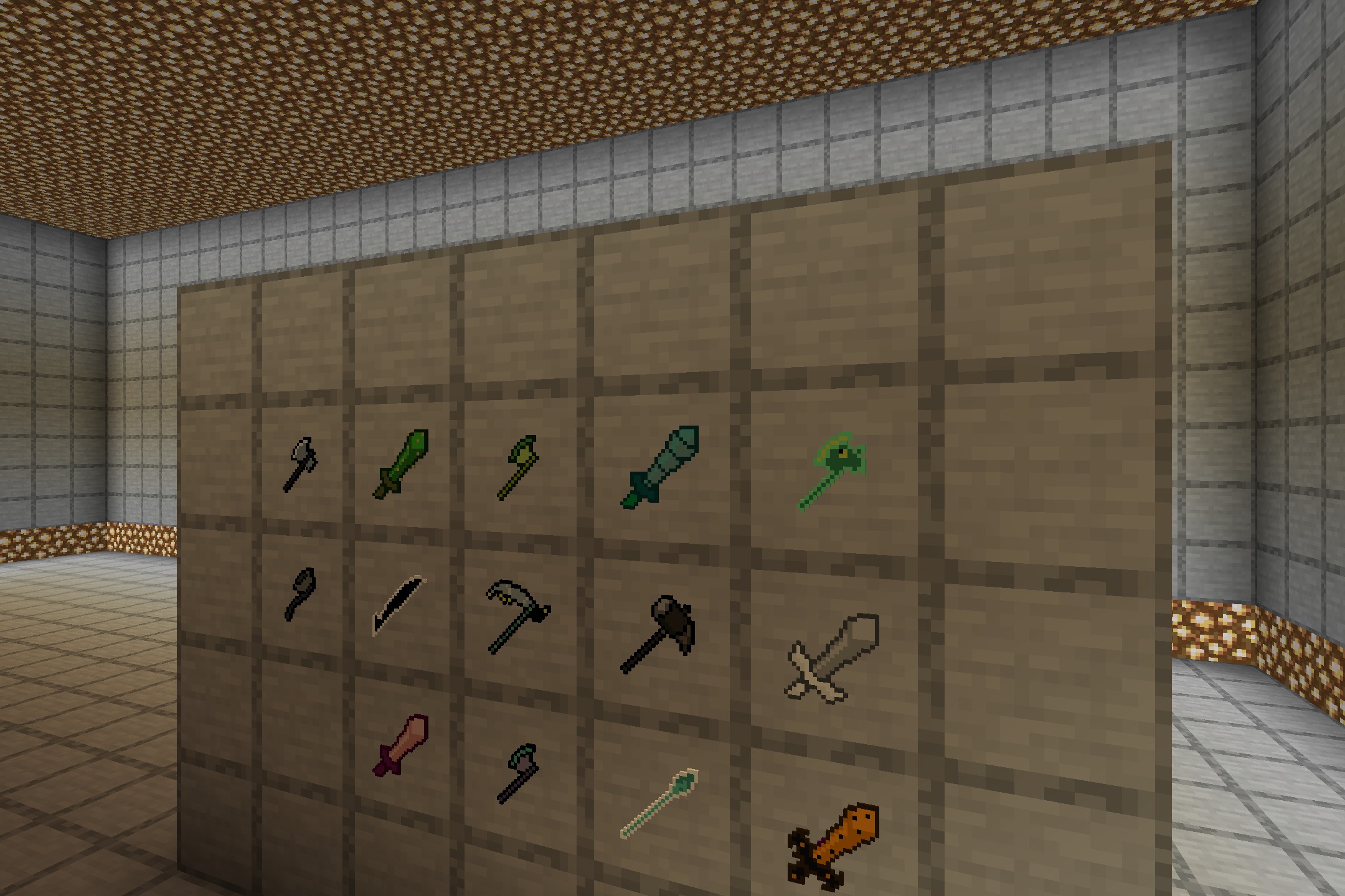Deltacraft Weapons Resource Pack Screenshot 5 Deltacraft Weapons Resource Pack showcasing various custom swords and axes on a wall