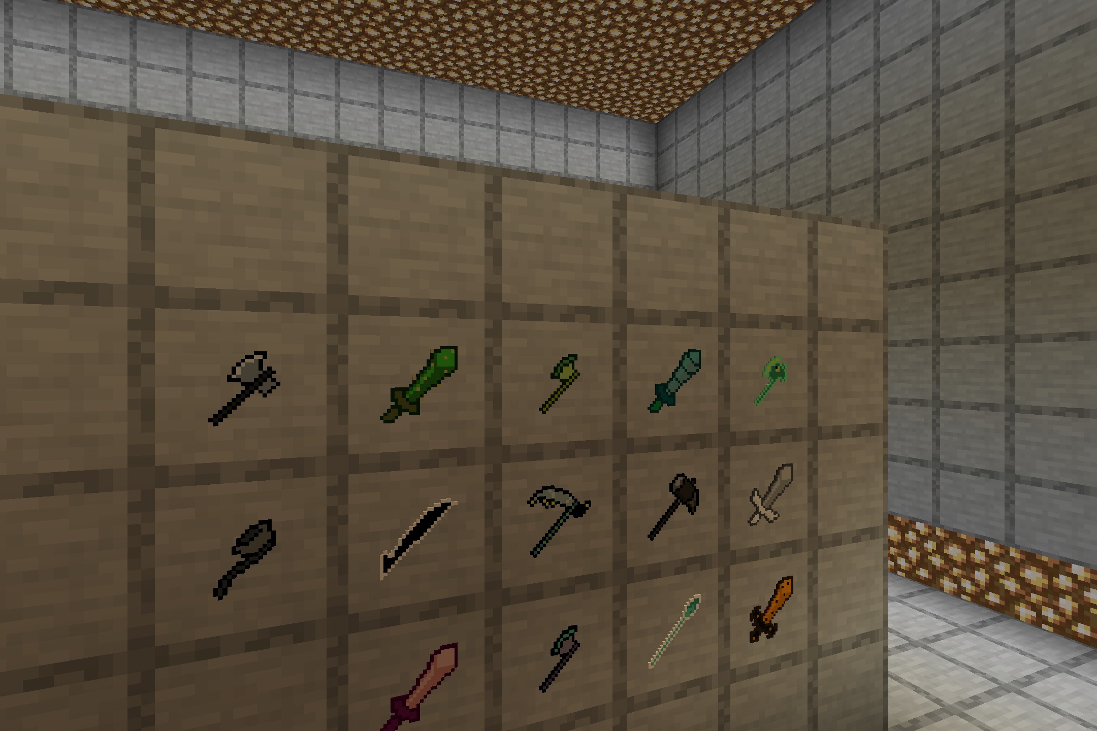 Deltacraft Weapons Resource Pack Screenshot 6 A collection of RPG themed weapons displayed in item frames within Minecraft