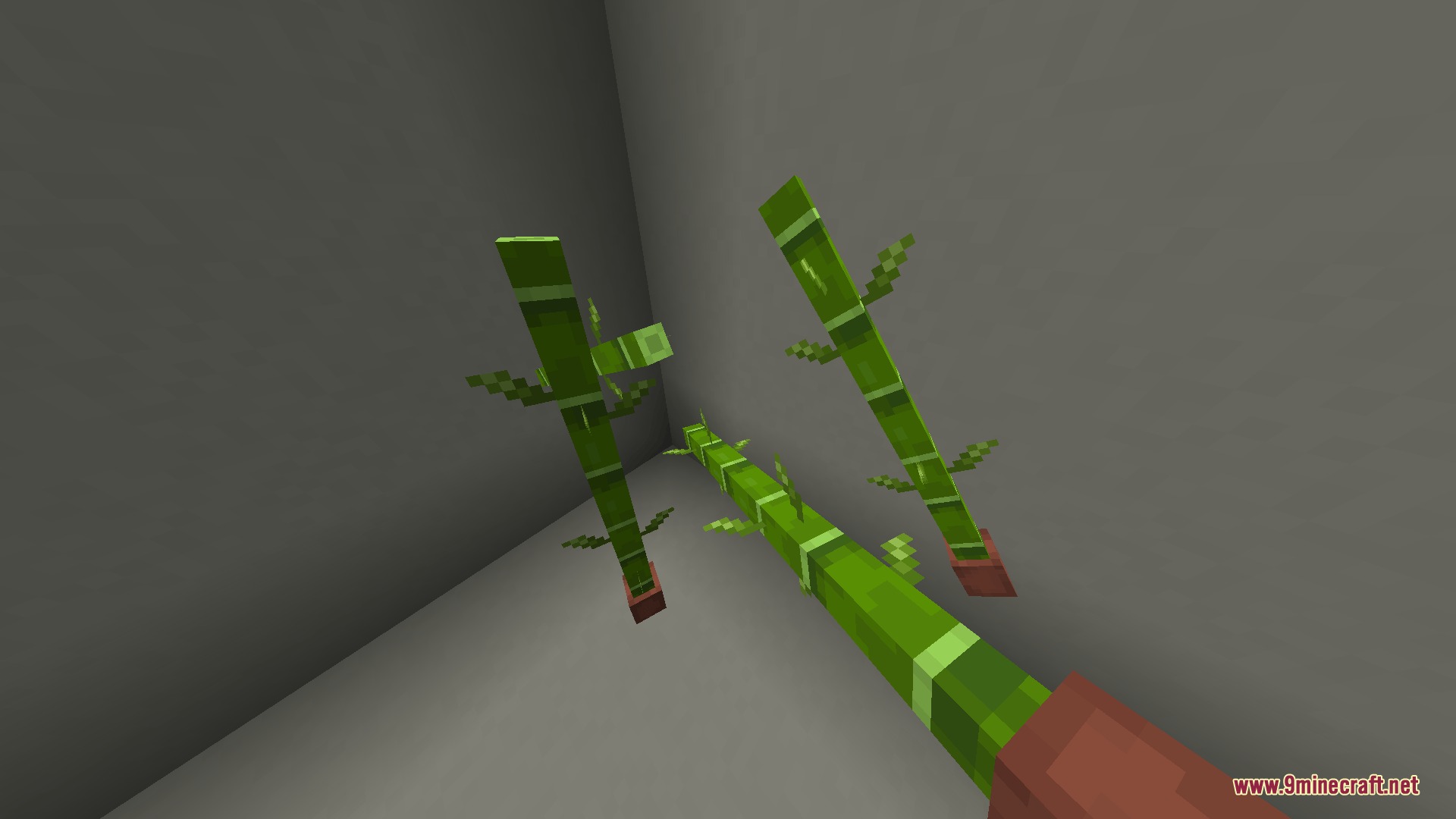 Deltarune Flowery JARONA Resource Pack Screenshot 2 Player holding a bamboo weapon with projectiles stuck in a gray corner