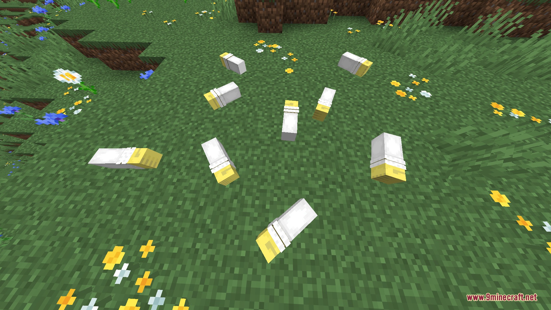 Deltarune Flowery JARONA Resource Pack Screenshot 4 Multiple cigarette items scattered on the grass next to small yellow flowers