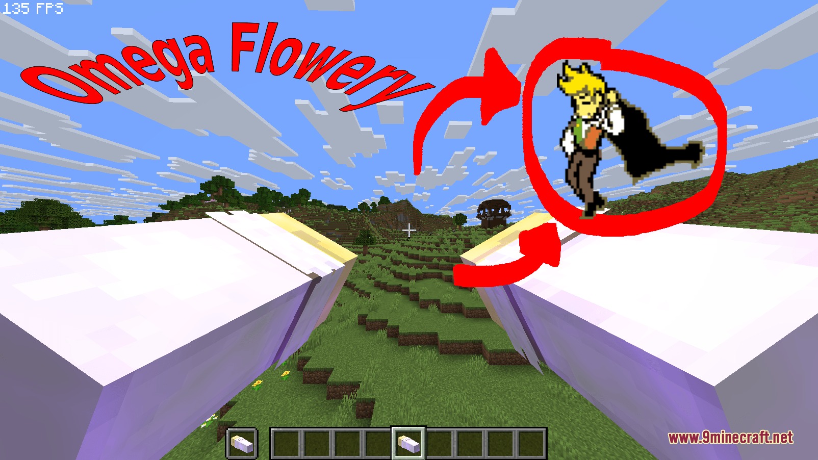 Deltarune Flowery JARONA Resource Pack Screenshot 5 First person view of a player holding unique white arm weapons in Minecraft