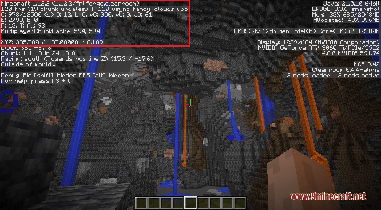 The debug screen shows negative coordinates inside a massive deepslate cave