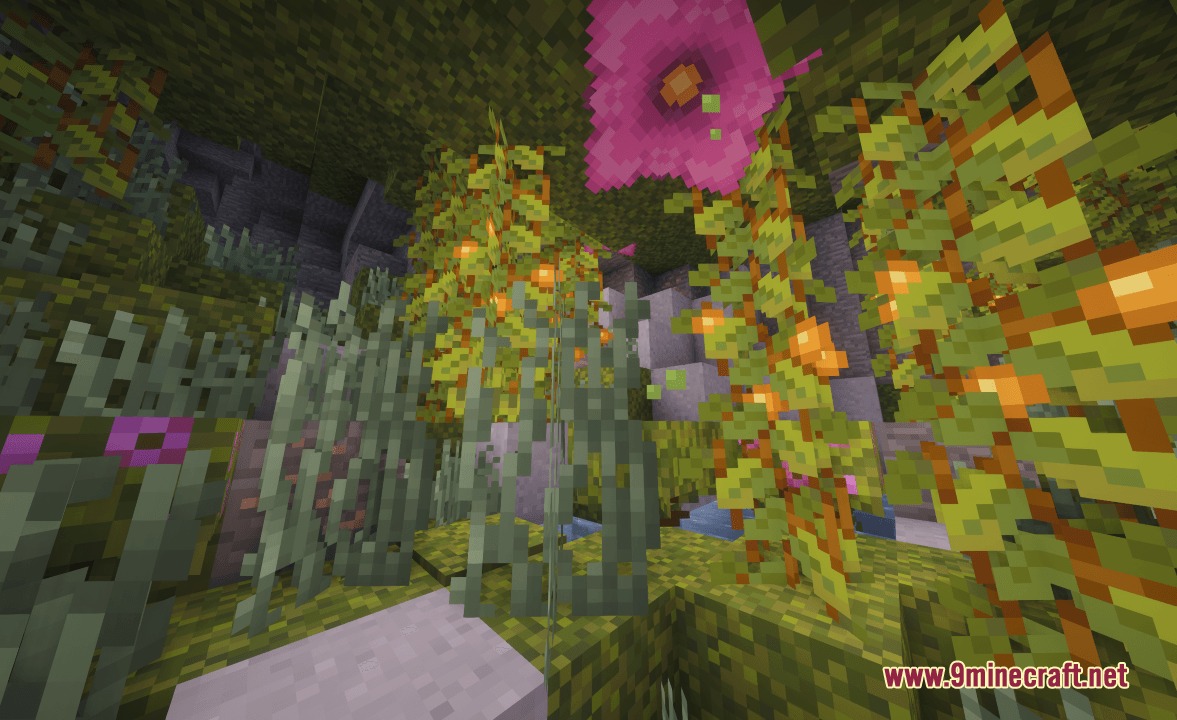 Close view of a Lush Cave with Glow Berries and a Spore Blossom