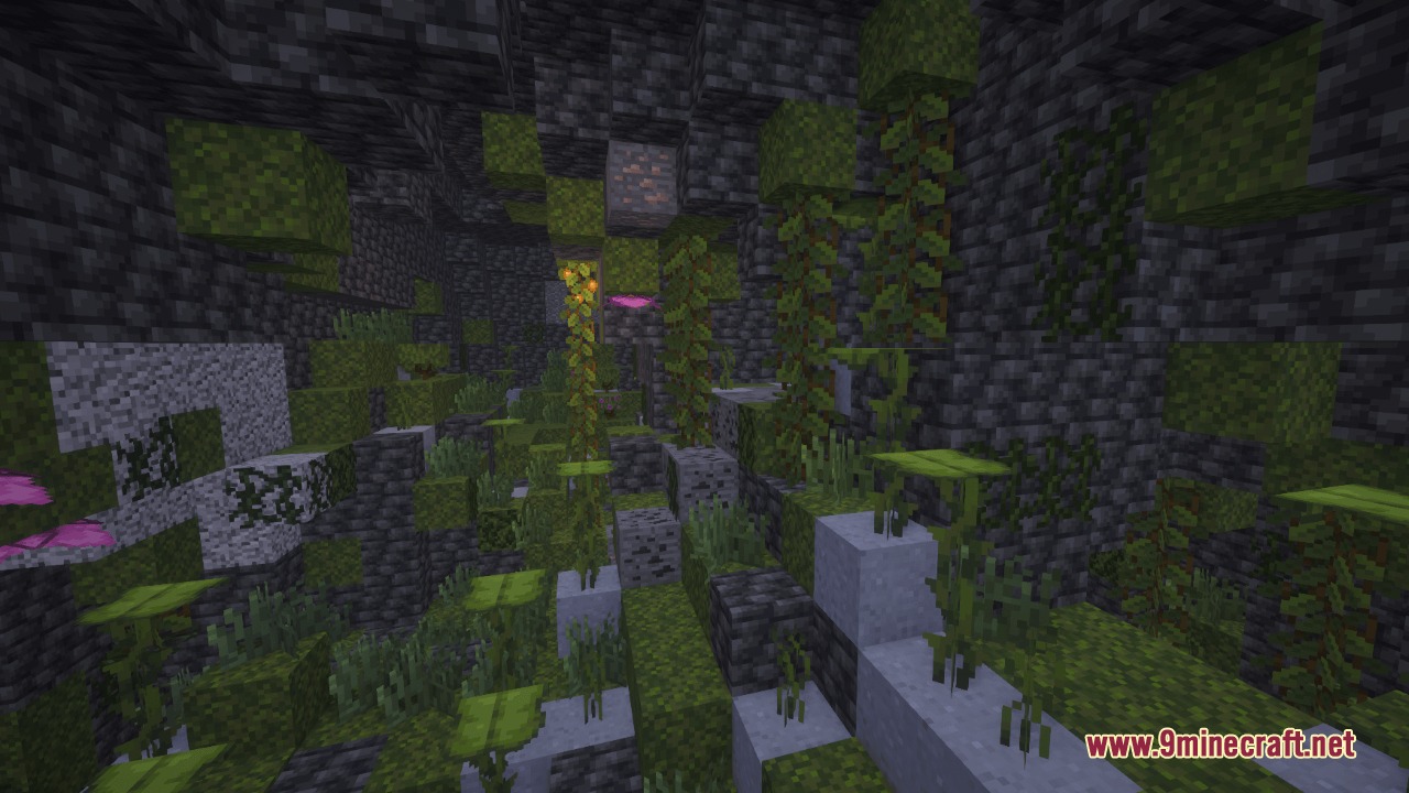 Large cave featuring Deepslate blocks and Big Dripleaf plants in a Lush Cave