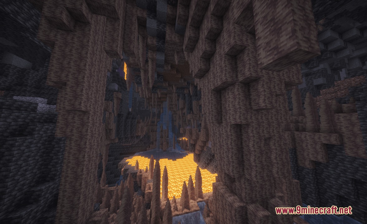 A dripstone cave with stalactites stalagmites and a bright glowing lava pool