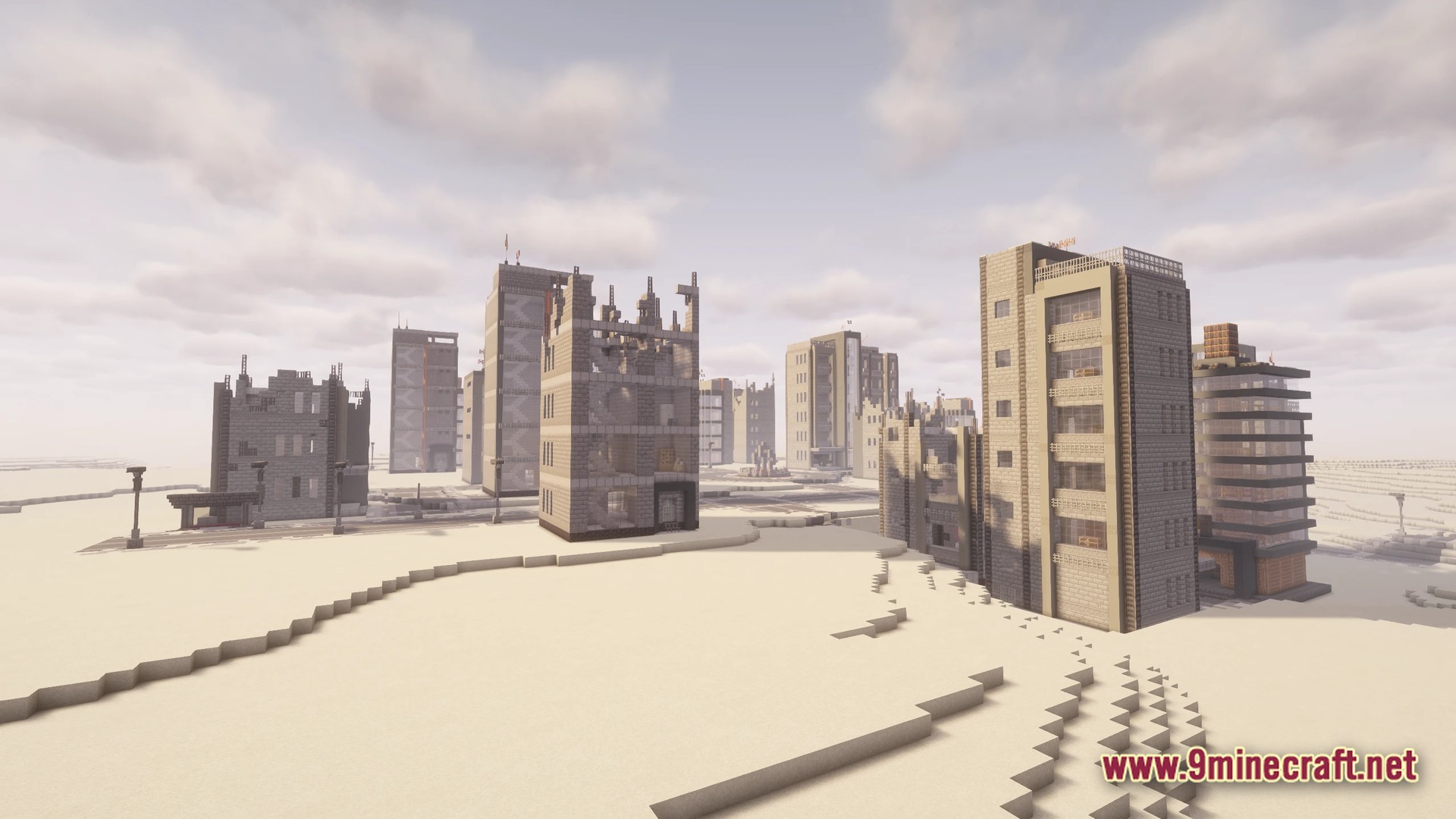 Desolate Planet A Crash Landing Remake Modpack Screenshot 10 Ruined concrete skyscrapers and abandoned urban structures stand across a vast, desolate desert landscape