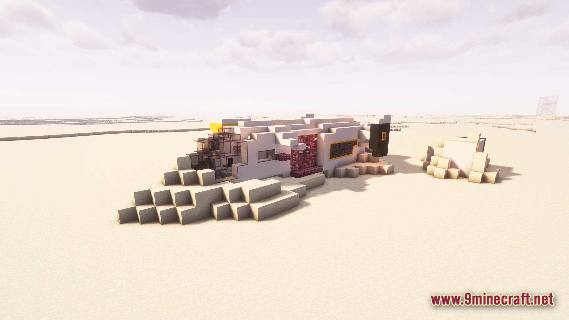 Desolate Planet A Crash Landing Remake Modpack Screenshot 6 A crashed white spaceship structure sits partially buried in a vast, flat desert wasteland biome