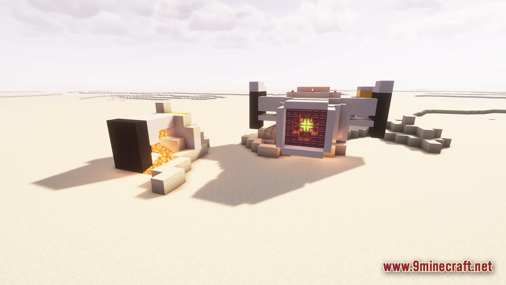 Desolate Planet A Crash Landing Remake Modpack Screenshot 7 A crashed spaceship and debris scattered across a vast, barren desert landscape under a bright sky