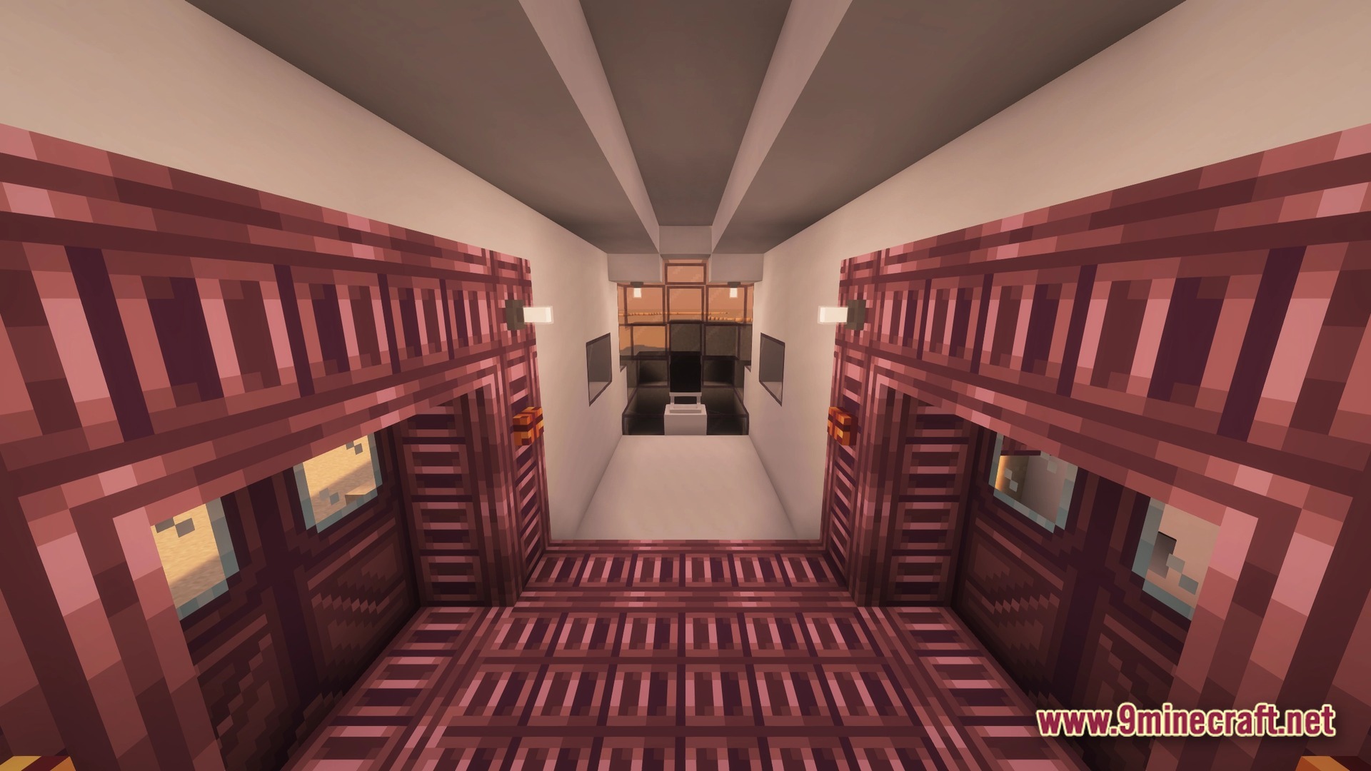 Desolate Planet A Crash Landing Remake Modpack Screenshot 8 The interior of a crashed spaceship featuring a narrow hallway leading toward a cockpit