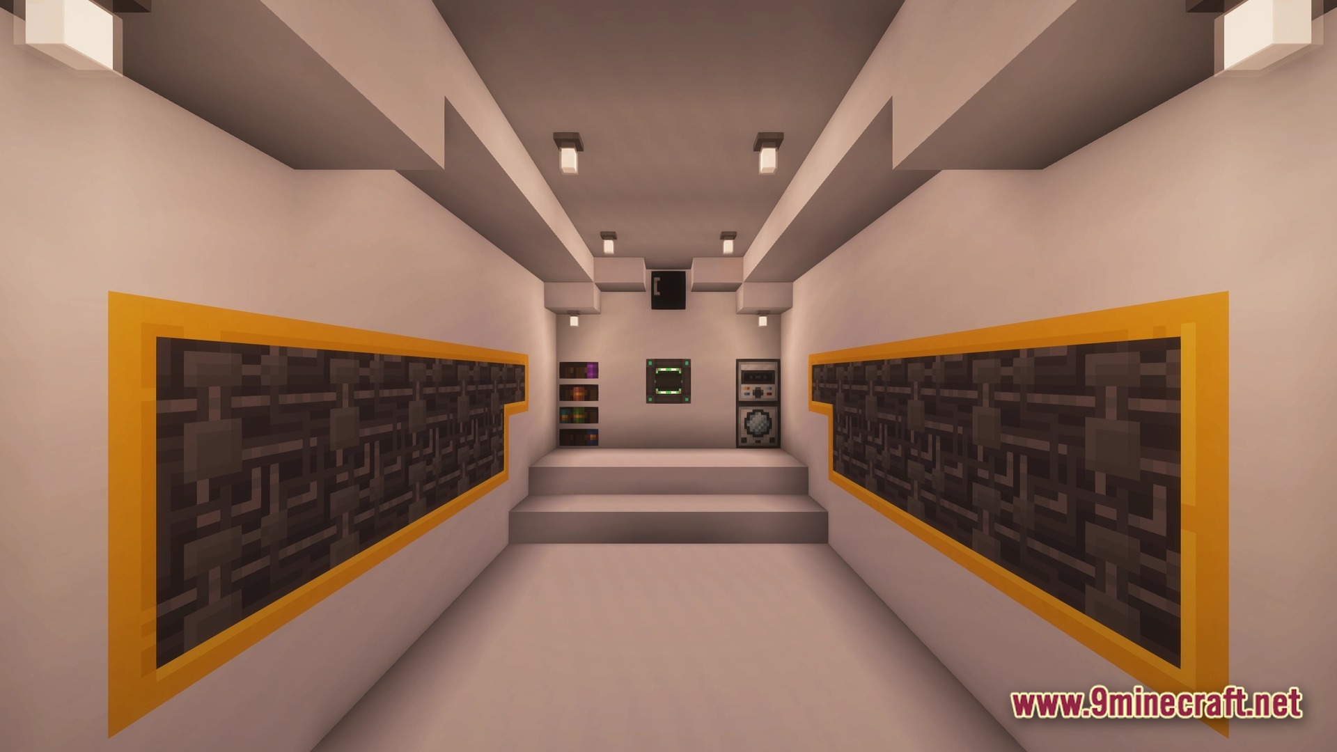 Desolate Planet A Crash Landing Remake Modpack Screenshot 9 A futuristic white corridor featuring technical wall panels, ceiling lights, and various industrial machines
