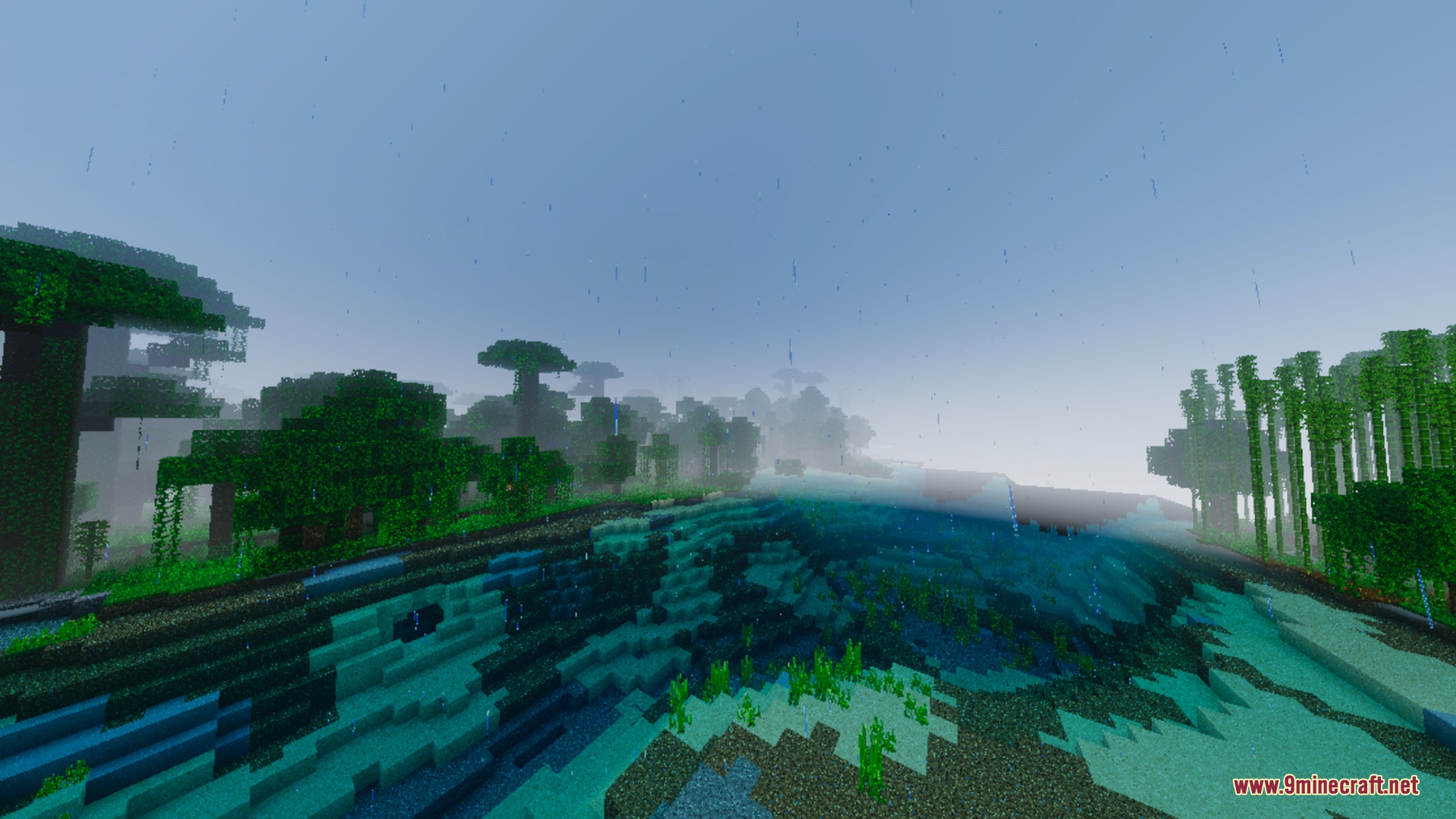 Diablo Visuals for Vibrant Visuals Shader Screenshot 1 Diablo Visuals adds rain falling over a lush jungle biome with clear water