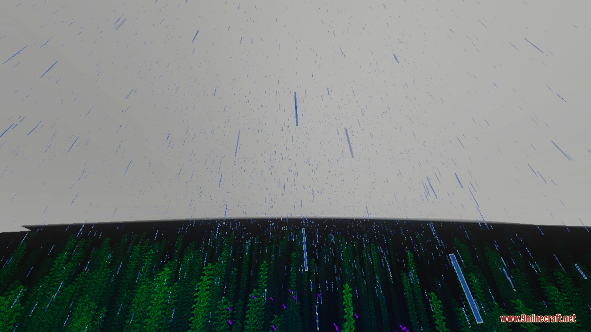 Diablo Visuals for Vibrant Visuals Shader Screenshot 10 Rain falling from a grey sky over dense green vegetation in Minecraft