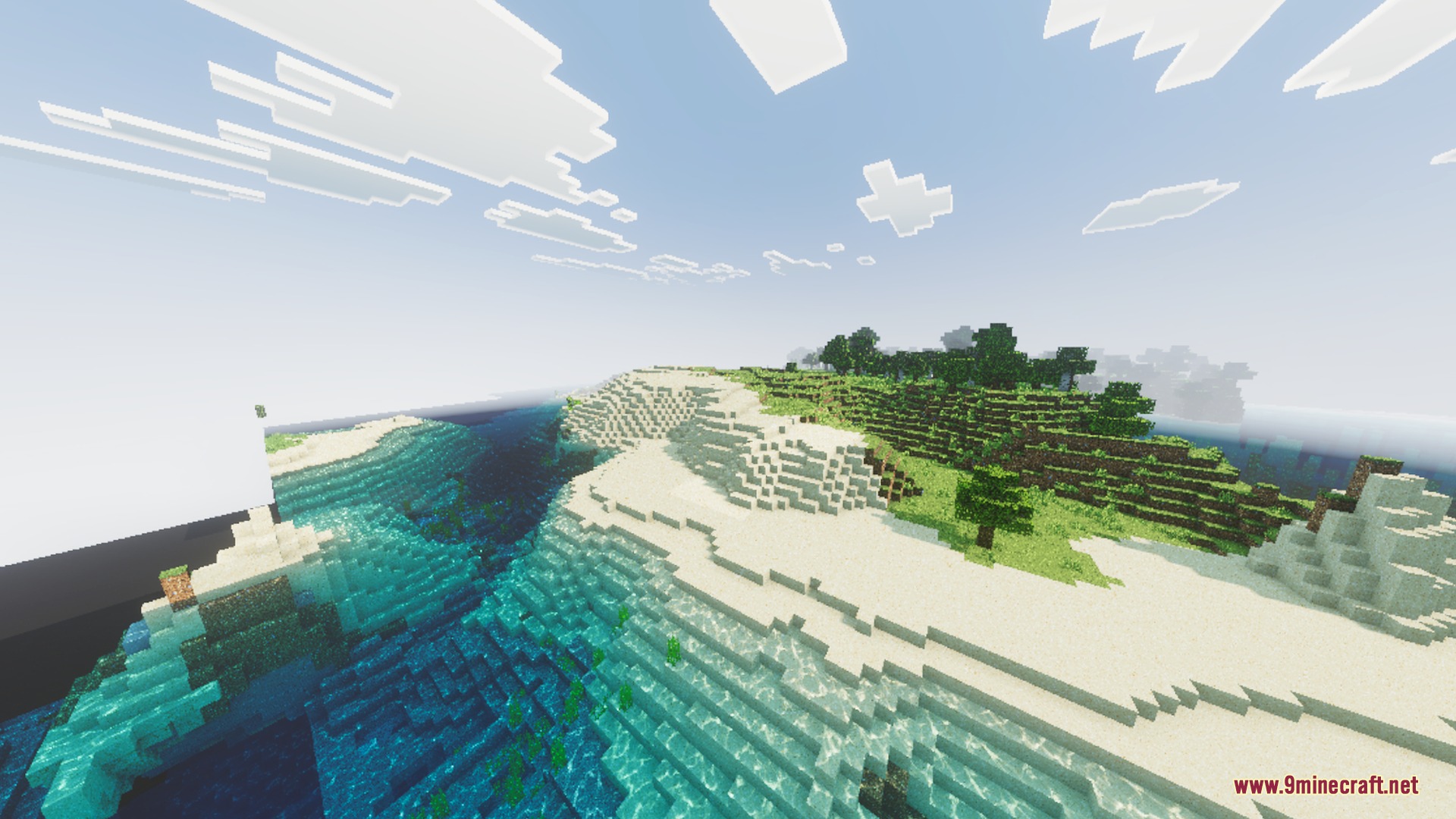 Diablo Visuals for Vibrant Visuals Shader Screenshot 5 A scenic Minecraft beach with crystal clear water and soft sunlight shaders