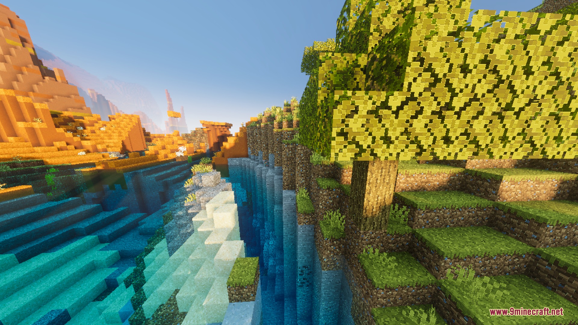 Diablo Visuals for Vibrant Visuals Shader Screenshot 7 Diablo Visuals shader showing clear water in a deep Minecraft ravine