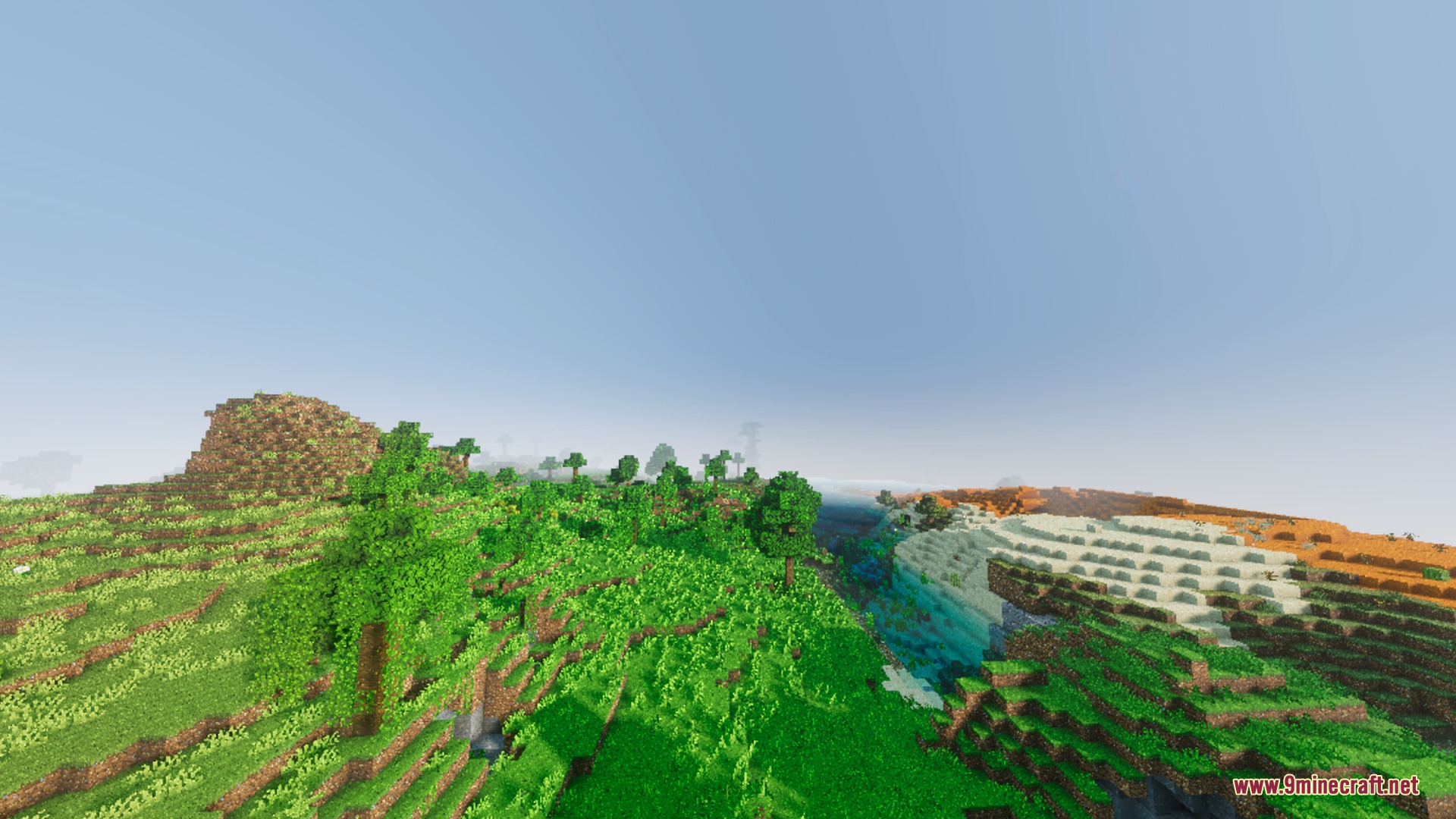 Diablo Visuals for Vibrant Visuals Shader Screenshot 8 Lush green hills meeting a desert biome under a bright clear sky