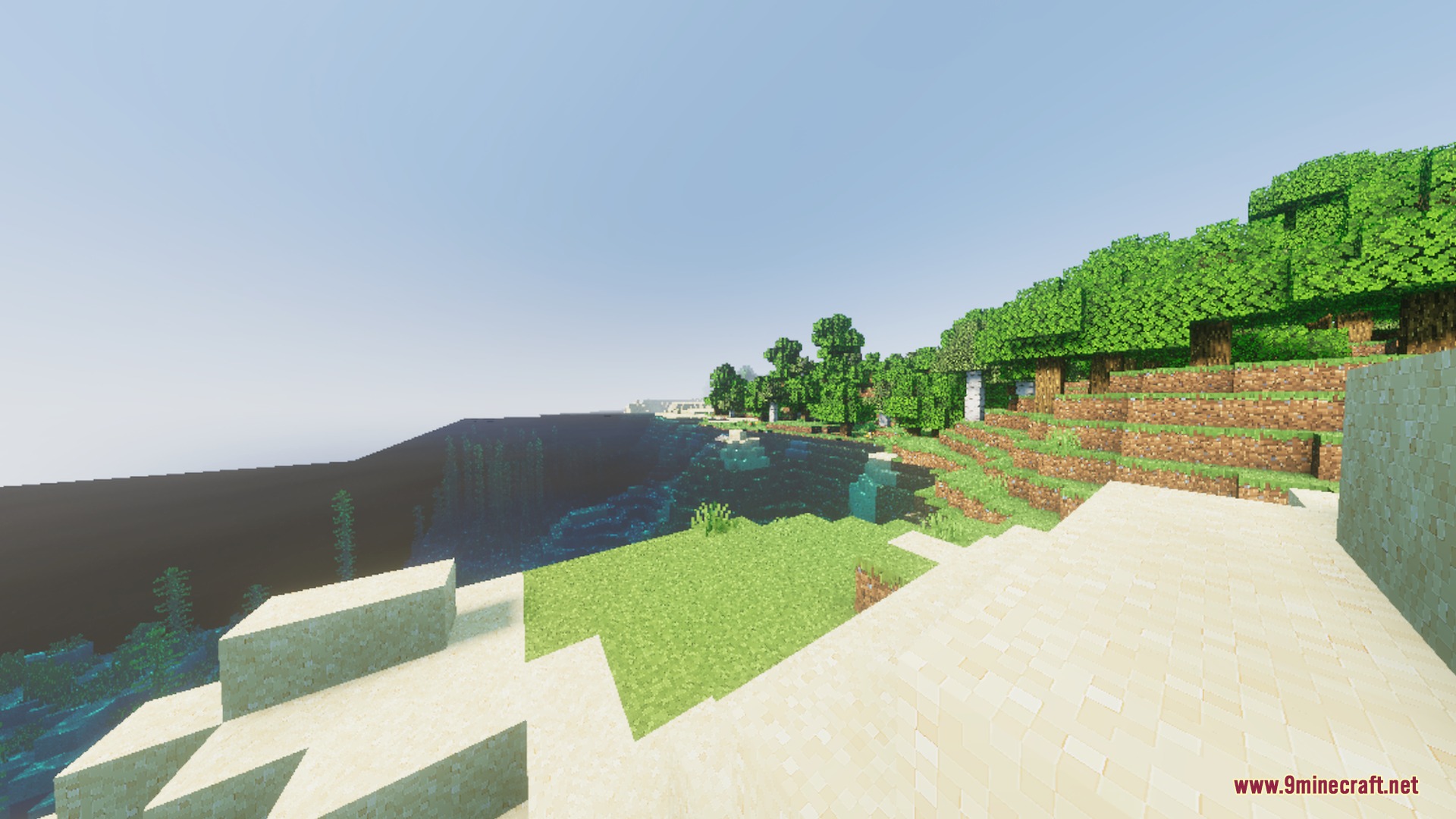 Diablo Visuals for Vibrant Visuals Shader Screenshot 9 A scenic Minecraft coastal view with clear water and lush green trees