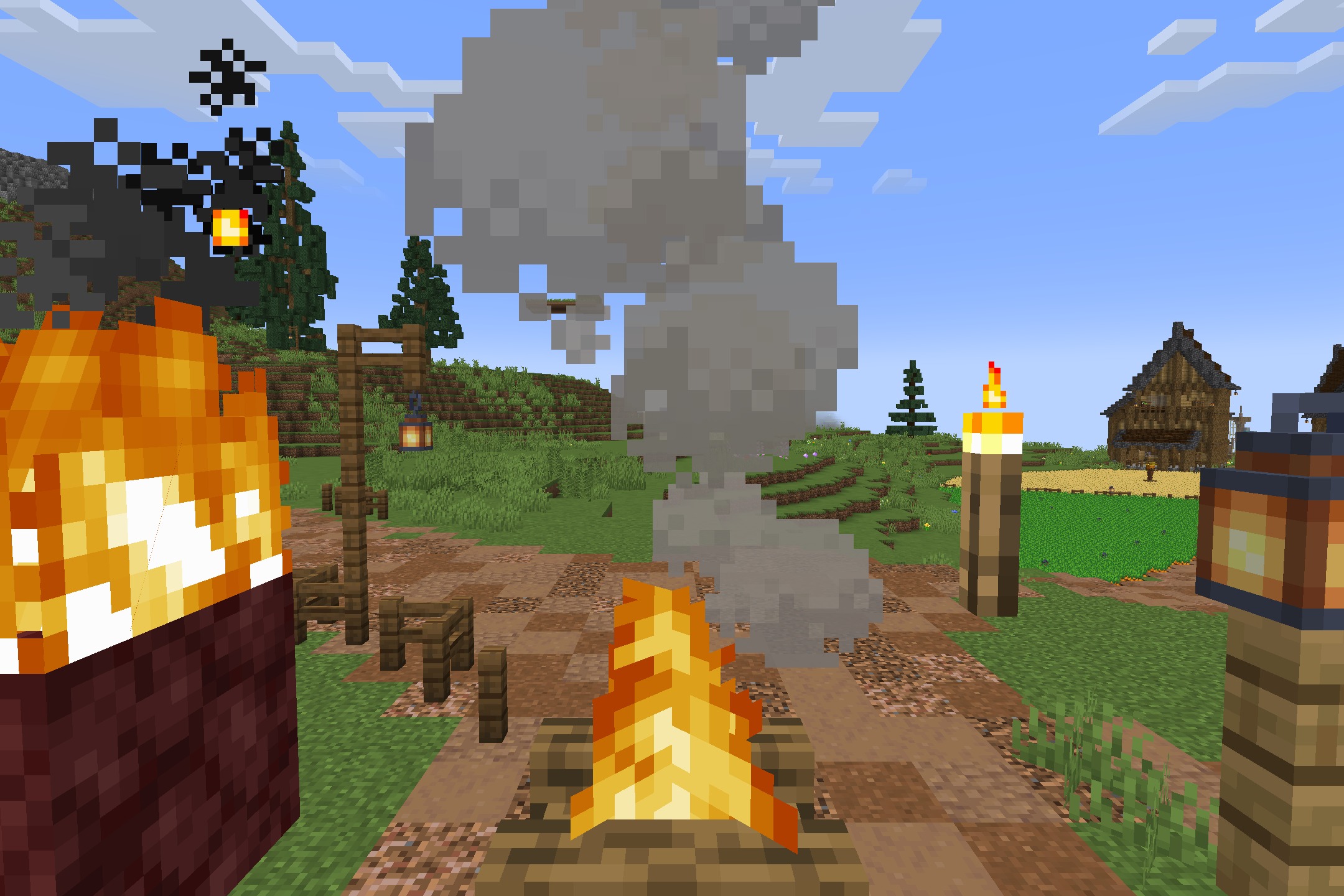 Diagonal Rails Resource Pack Screenshot 4 Close up of a campfire with smoke and lanterns along a dirt path