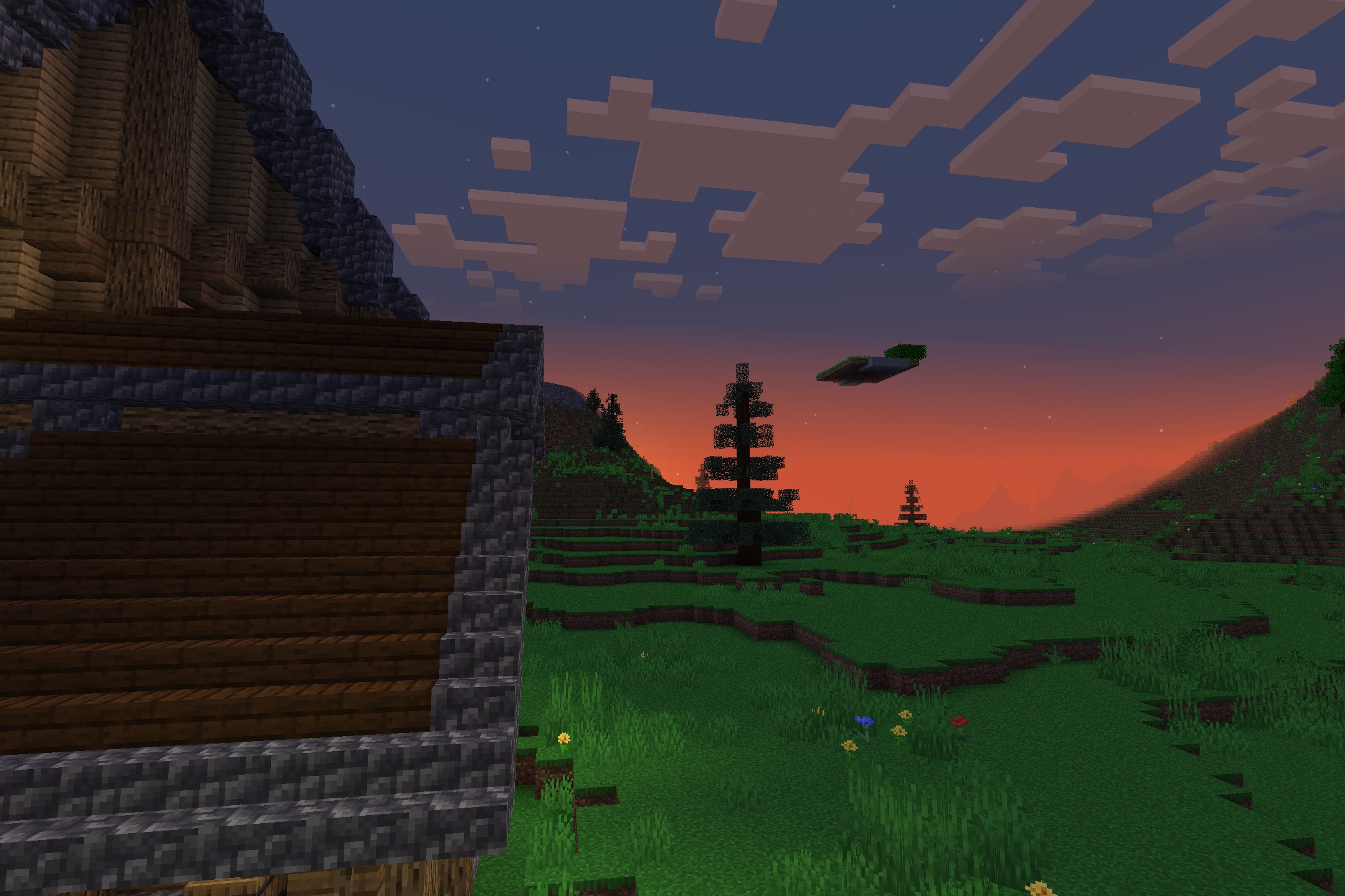 Diamond SMP PVP Default Resource Pack Screenshot 10 A green landscape with a spruce tree during a colorful sunset