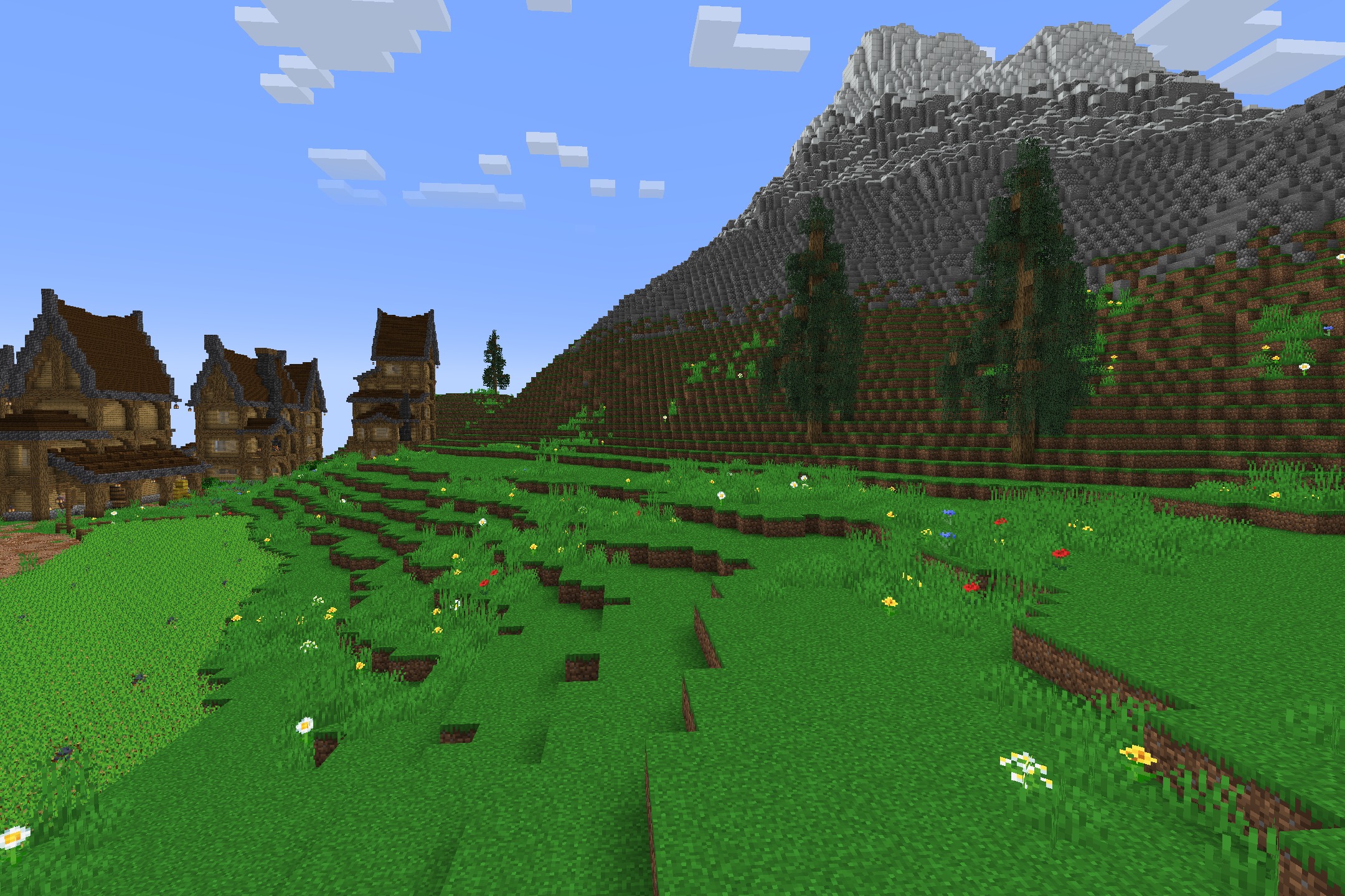 Diamond SMP PVP Default Resource Pack Screenshot 2 Lush green hills with colorful flowers and spruce trees under a clear sky