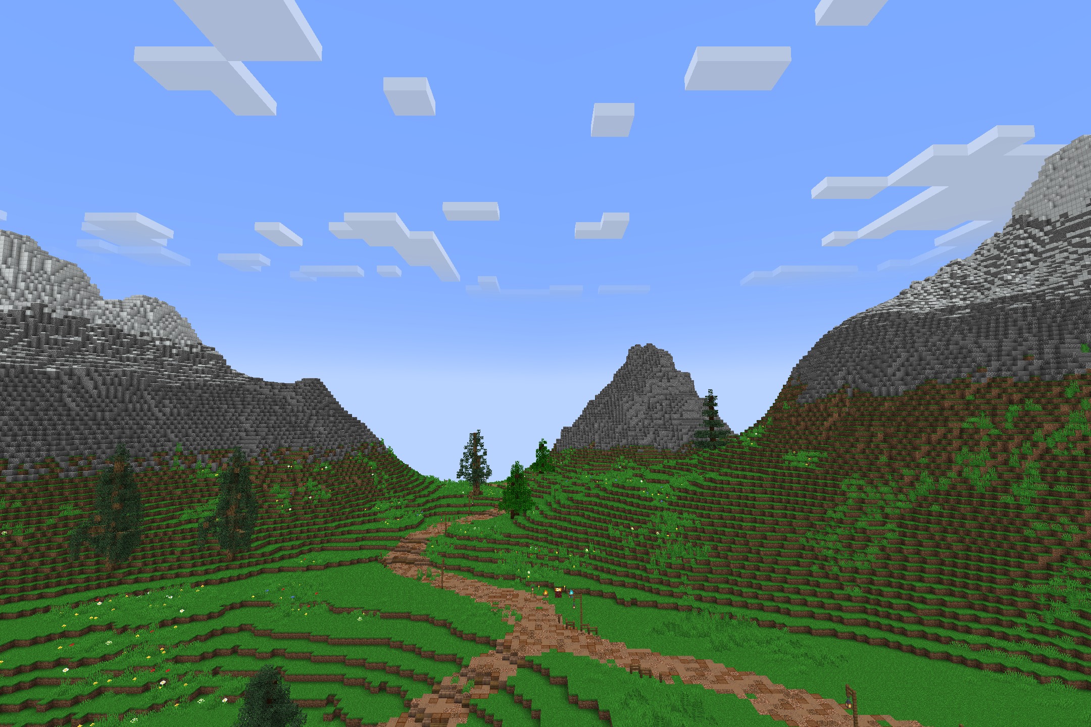 Diamond SMP PVP Default Resource Pack Screenshot 5 A winding dirt path leads through green hills toward a distant mountain peak