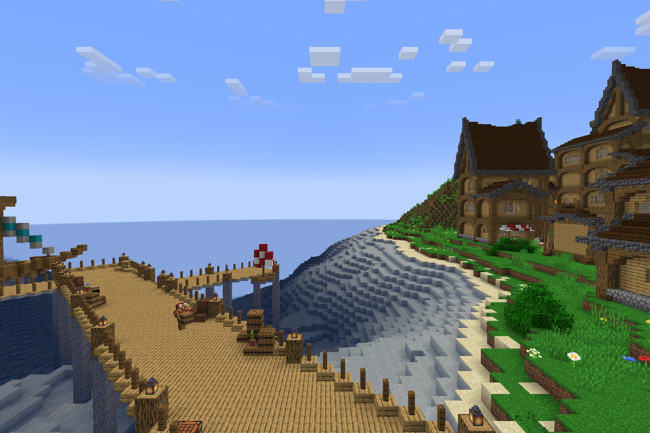 Diamond SMP PVP Default Resource Pack Screenshot 7 A wooden pier leads to a coastal village built on a grassy hill