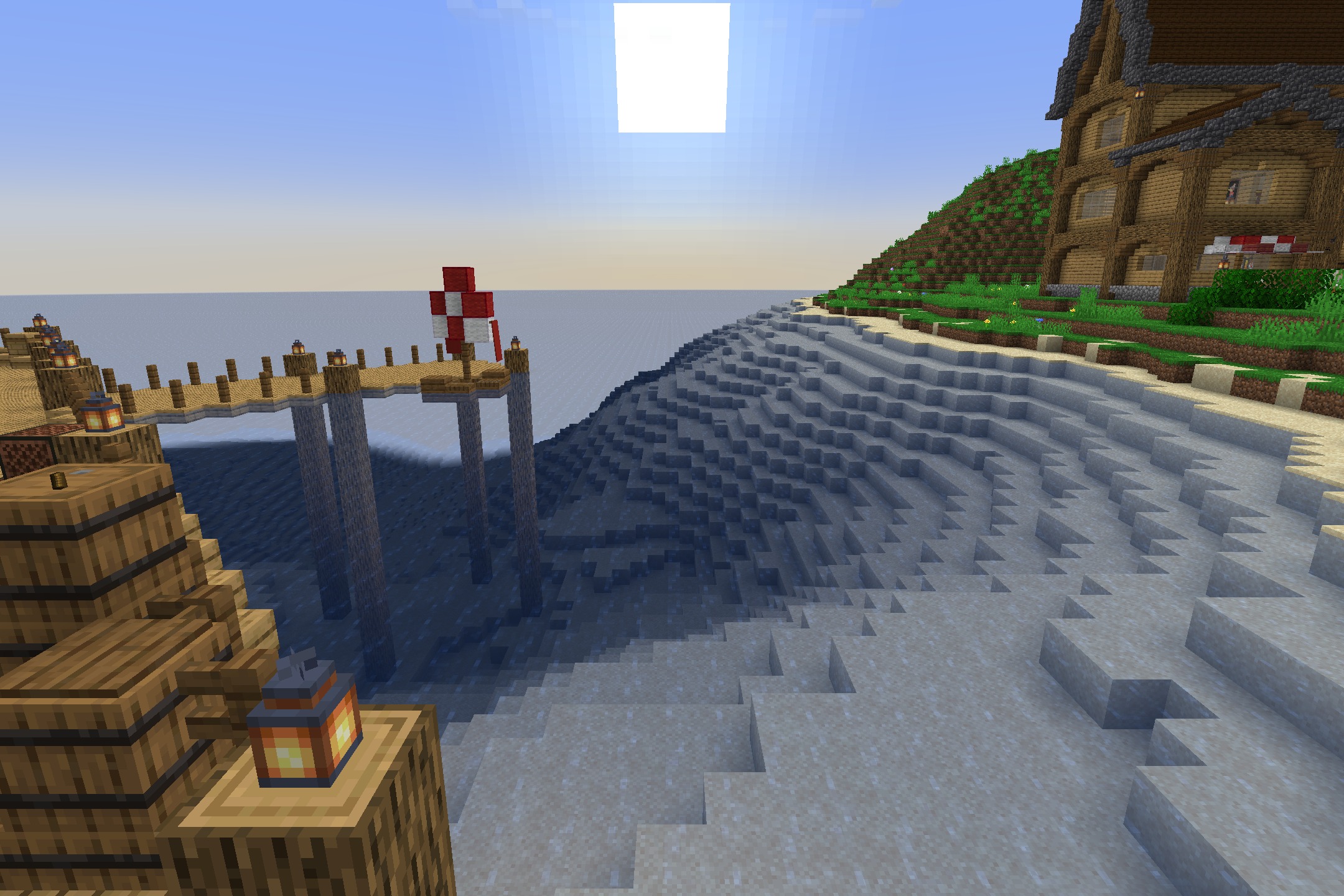 Diamond SMP PVP Default Resource Pack Screenshot 8 Bright sunlight glares over a wooden dock and a terraced sandy beach