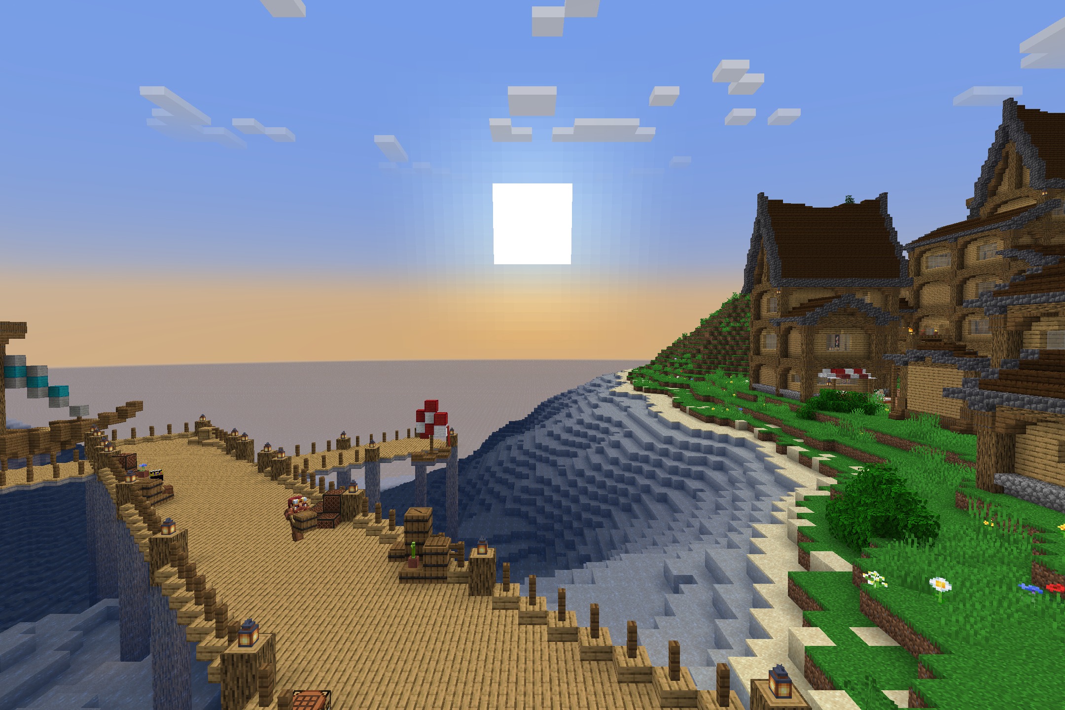 Diamond SMP PVP Default Resource Pack Screenshot 9 A coastal village with a wooden pier under a bright square sun