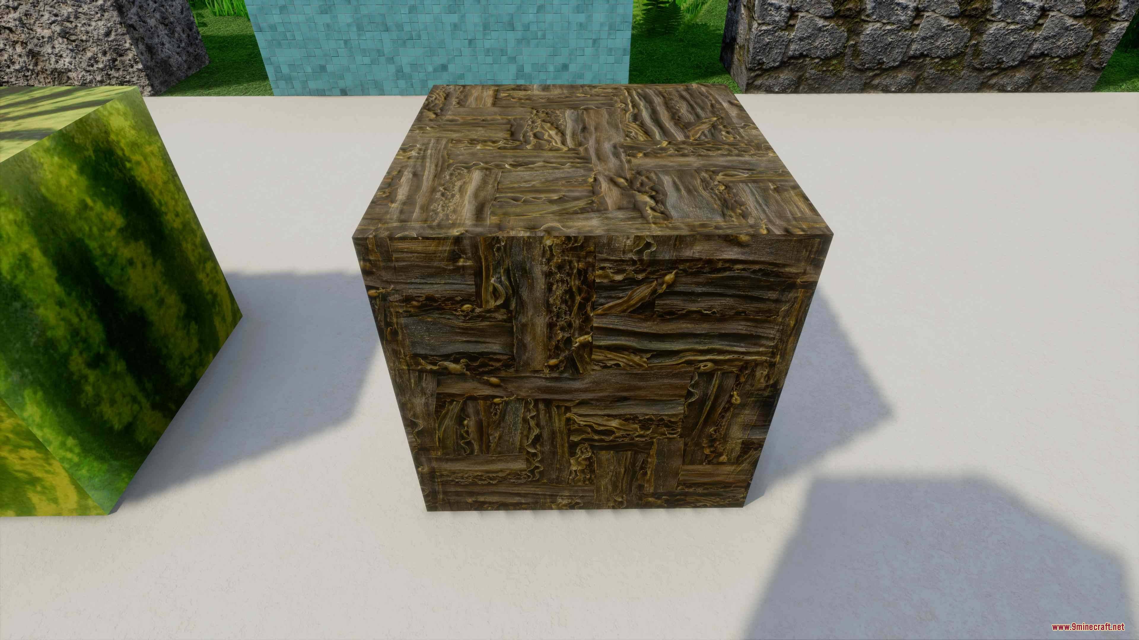 Digital Dreams Photorealistic Ressource Pack Resource Pack Screenshot 8 A block with intricate woven wood textures placed next to a watermelon block