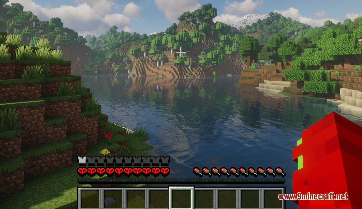 Dimensional Vitals Case Resource Pack Screenshot 1 Scenic lake view showing custom heart and hunger icons on the game screen