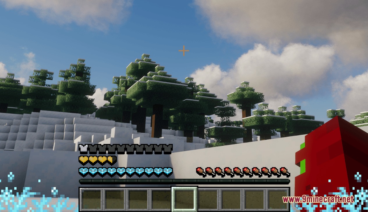 Dimensional Vitals Case Resource Pack Screenshot 2 Custom heart icons for freezing and absorption effects in a snowy Minecraft forest