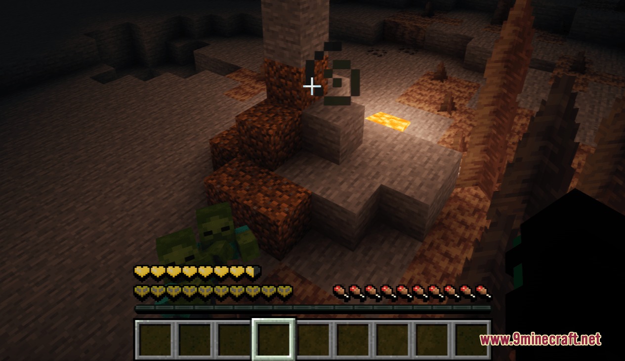 Dimensional Vitals Case Resource Pack Screenshot 4 Zombies in a cave with custom yellow hearts and hunger bar icons visible
