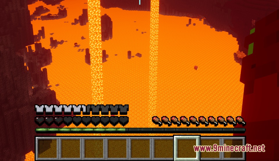 Dimensional Vitals Case Resource Pack Screenshot 7 Custom armor and heart icons shown over a vast Nether lava lake