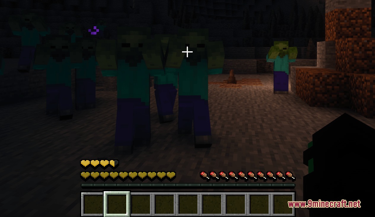 Dimensional Vitals Case Resource Pack Screenshot 8 Zombies approaching the player with custom yellow hearts visible on the screen