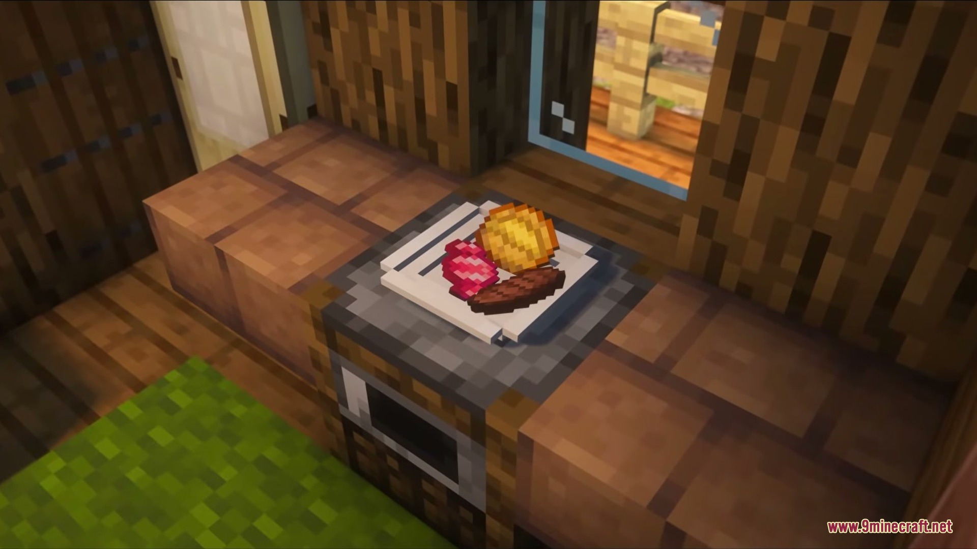 Dinnerware Mod Screenshot 1 A white plate with steak and pink food items on a stone counter