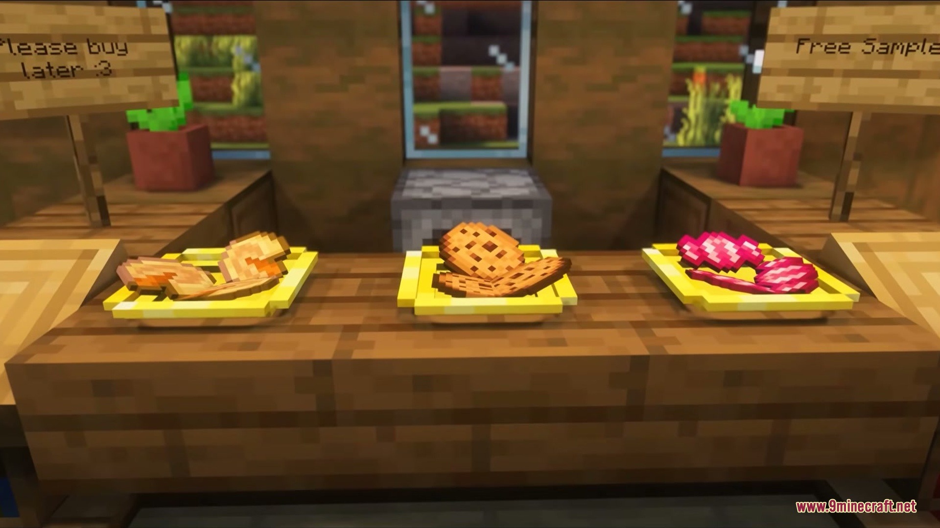 Dinnerware Mod Screenshot 2 Three yellow plates displaying various food items on a wooden shop counter