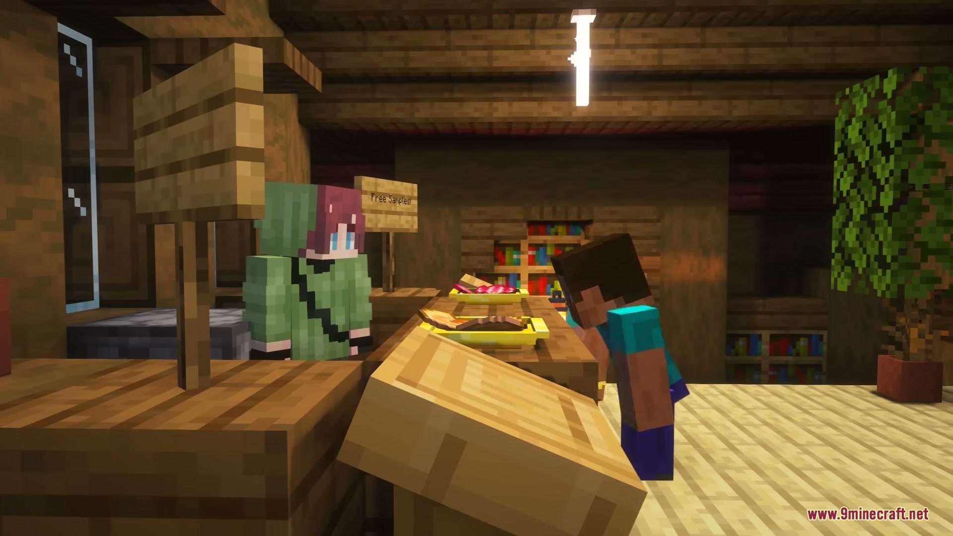 Dinnerware Mod Screenshot 3 Player looking at food samples on plates at a wooden shop counter