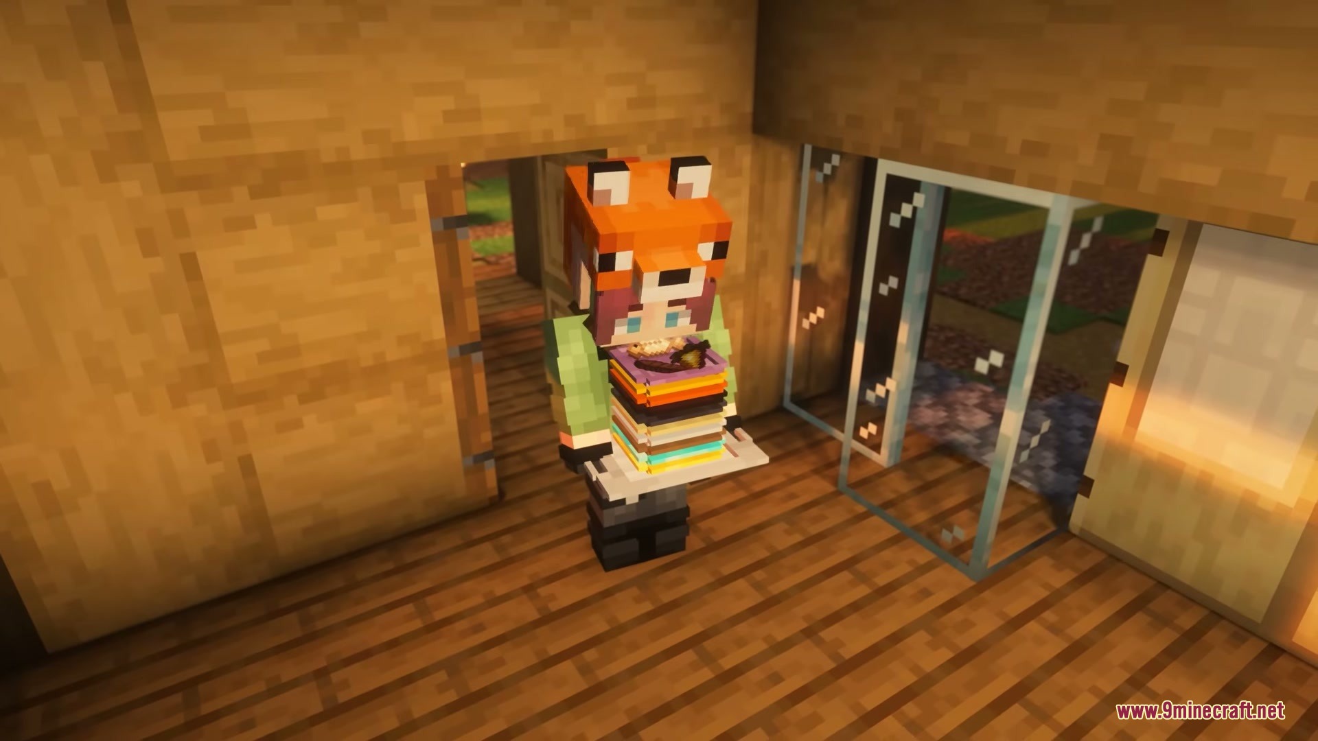 Dinnerware Mod Screenshot 4 Character wearing a fox hat carrying a large stack of colorful plates