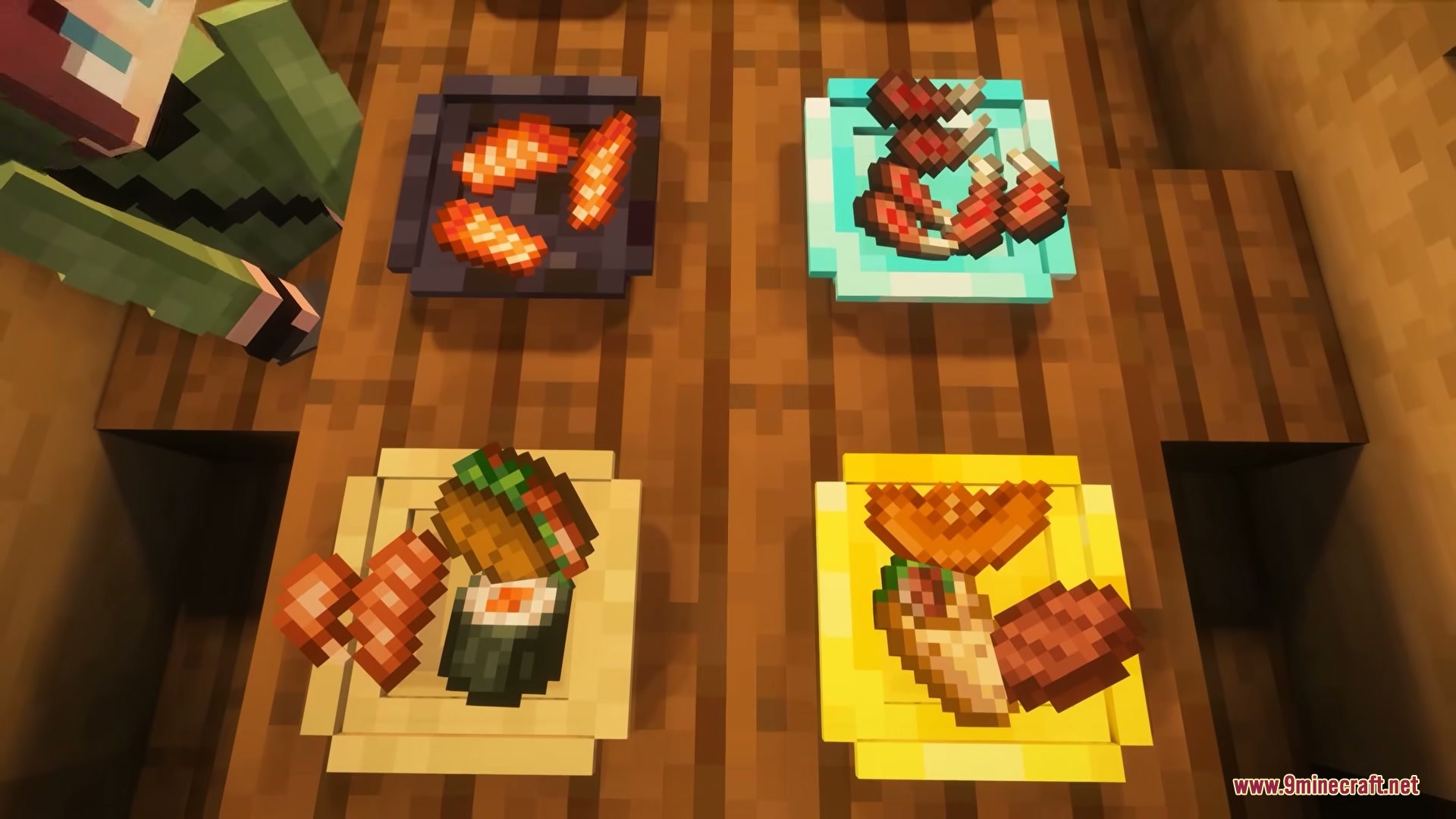 Dinnerware Mod Screenshot 5 Various food items displayed on four different plates on a wooden table